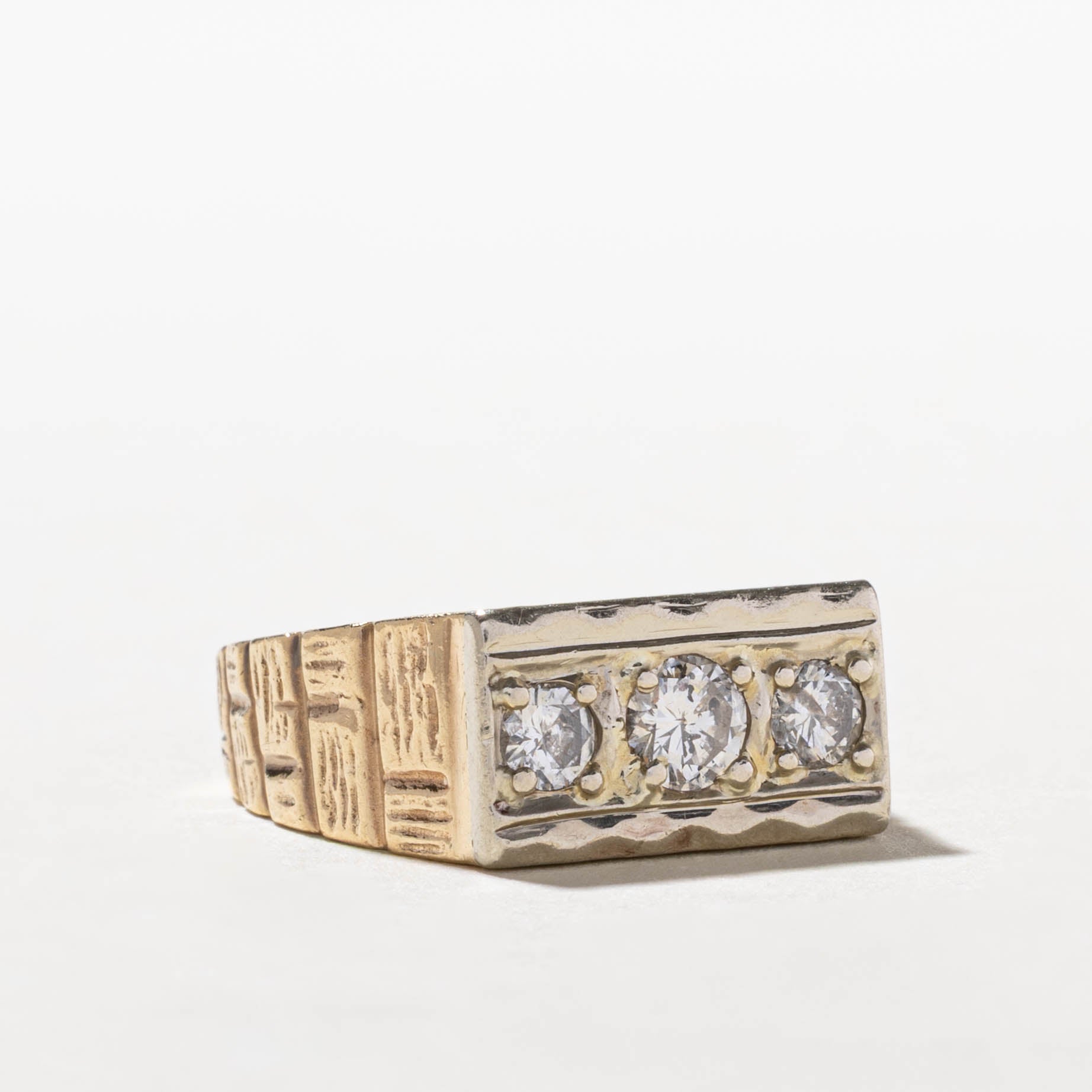 10k Diamond Three Stone Textured Signet Ring | 0.71ctw | SZ 9.5