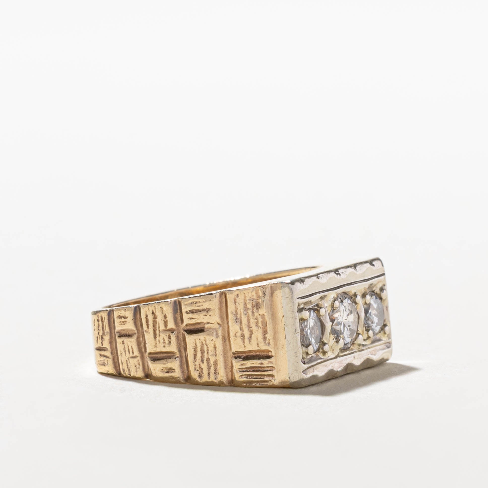 10k Diamond Three Stone Textured Signet Ring | 0.71ctw | SZ 9.5