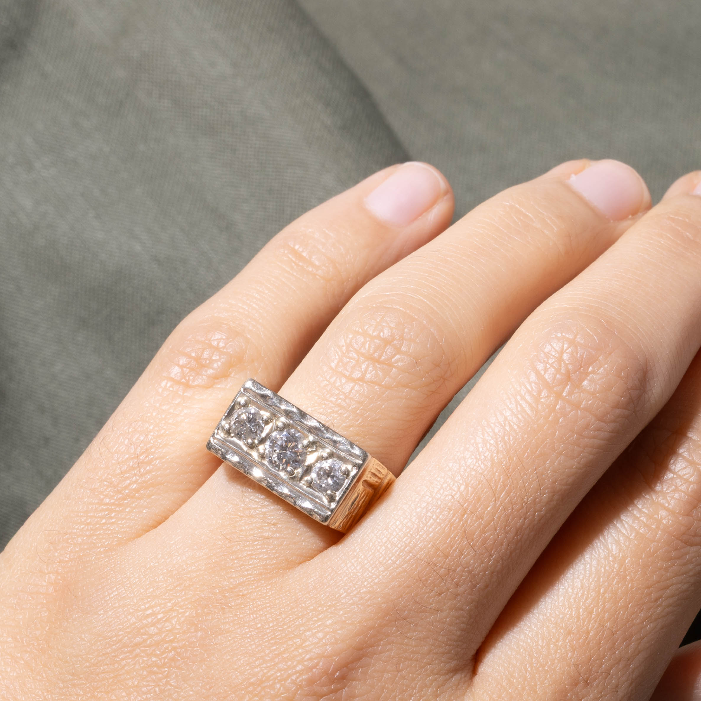 10k Diamond Three Stone Textured Signet Ring | 0.71ctw | SZ 9.5