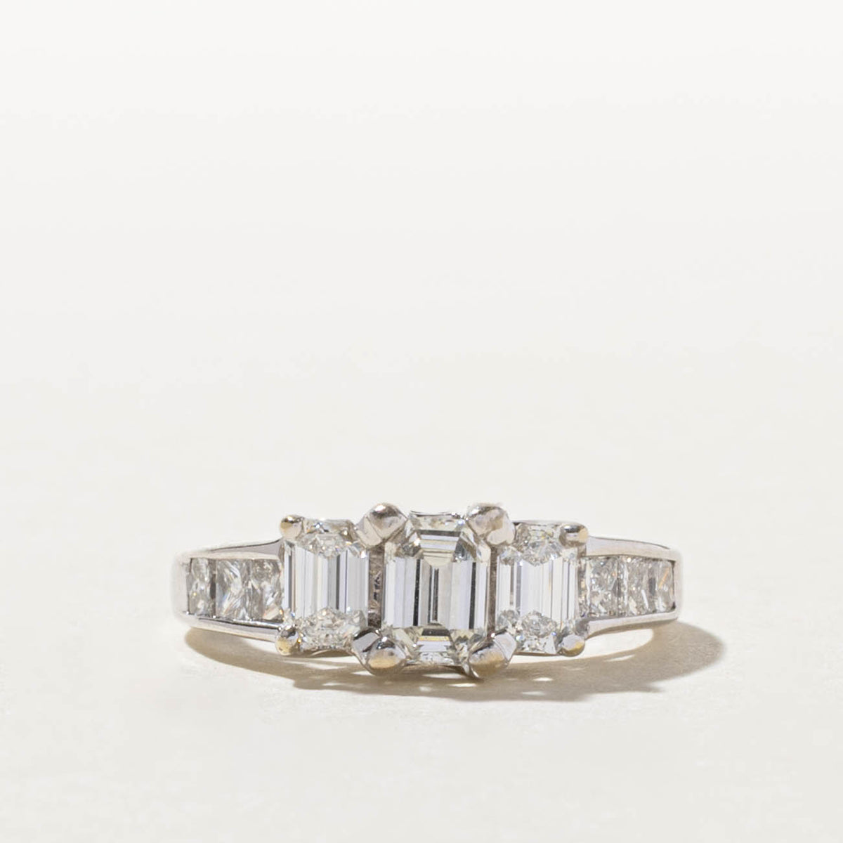 14k Emerald Cut Three Stone Diamond Accented Ring | 0.42ct VS1 G/H, 1.18ctw | SZ 5.5