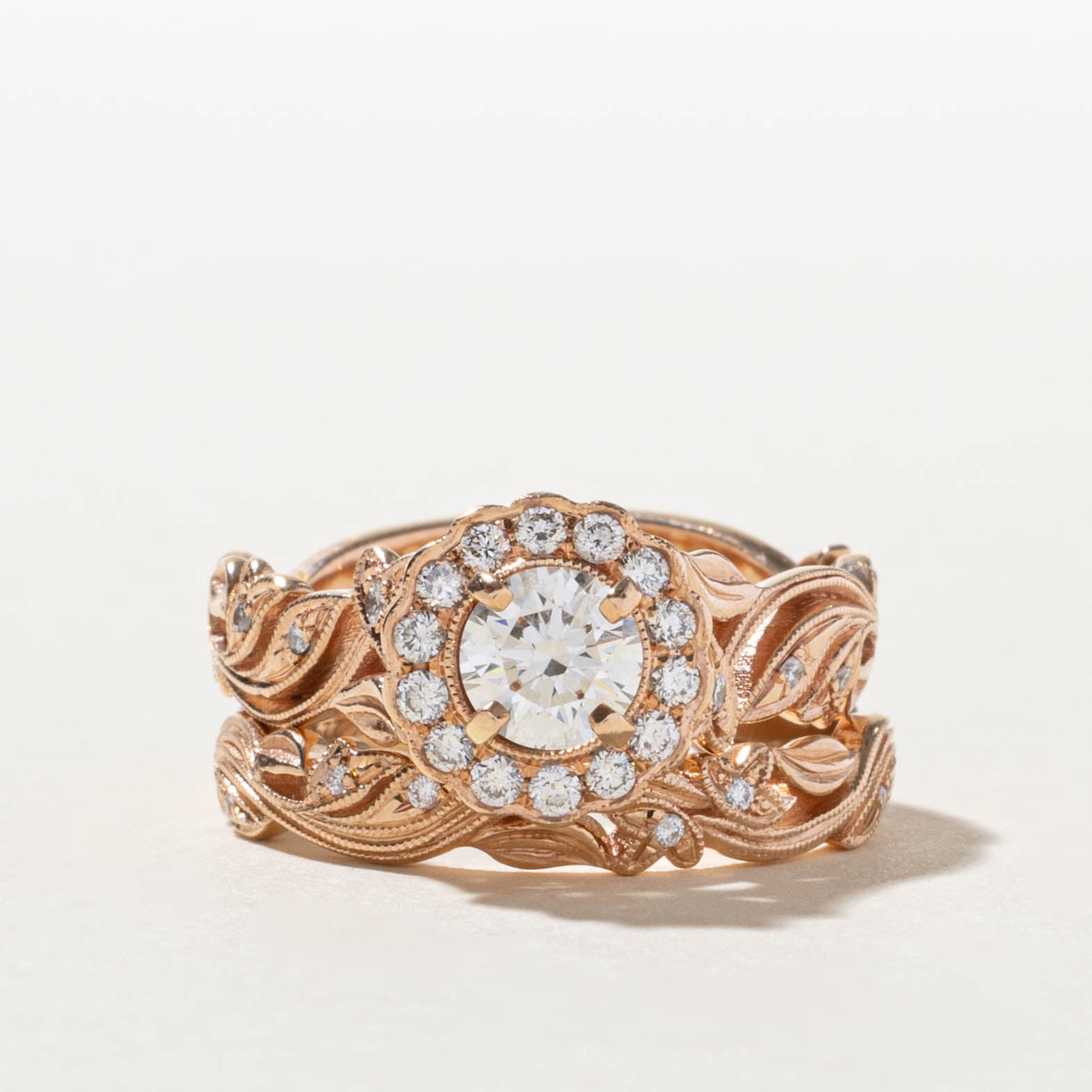 14k Canadian Diamond Halo Floral Wedding Ring Set | 0.53ct VS1 H, 0.24ctw | SZ 6.75