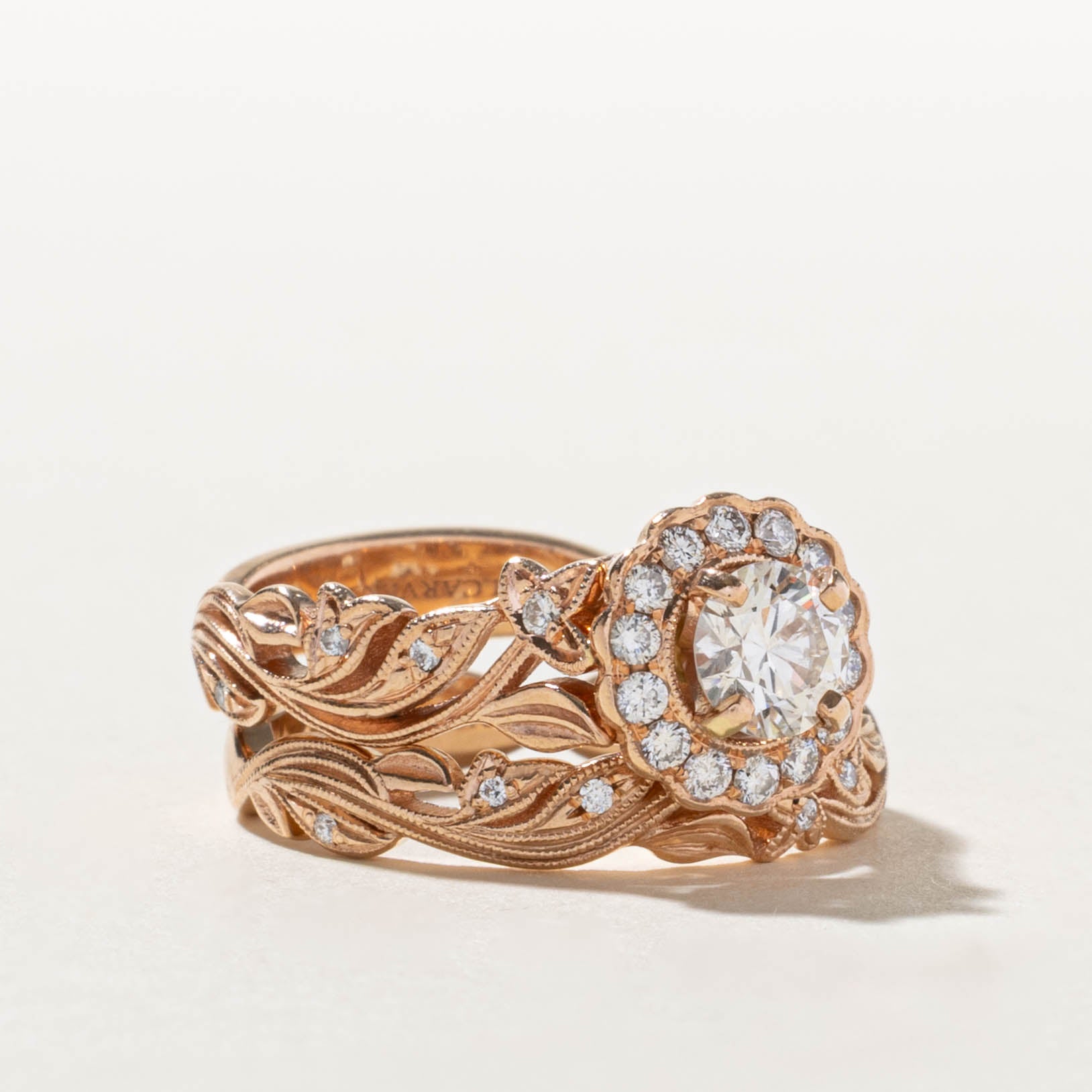 14k Canadian Diamond Halo Floral Wedding Ring Set | 0.53ct VS1 H, 0.24ctw | SZ 6.75