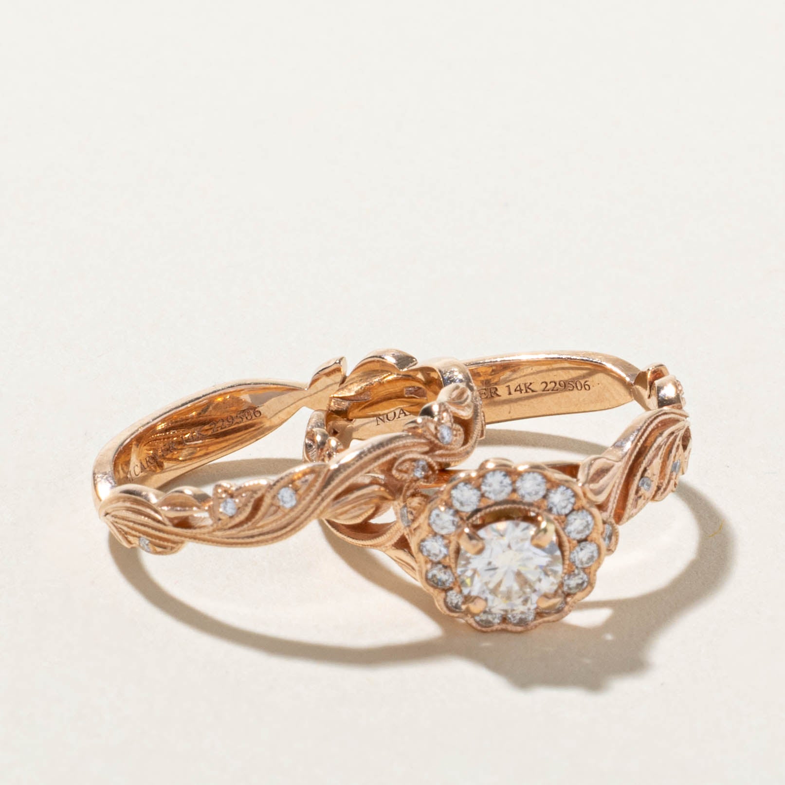 14k Canadian Diamond Halo Floral Wedding Ring Set | 0.53ct VS1 H, 0.24ctw | SZ 6.75