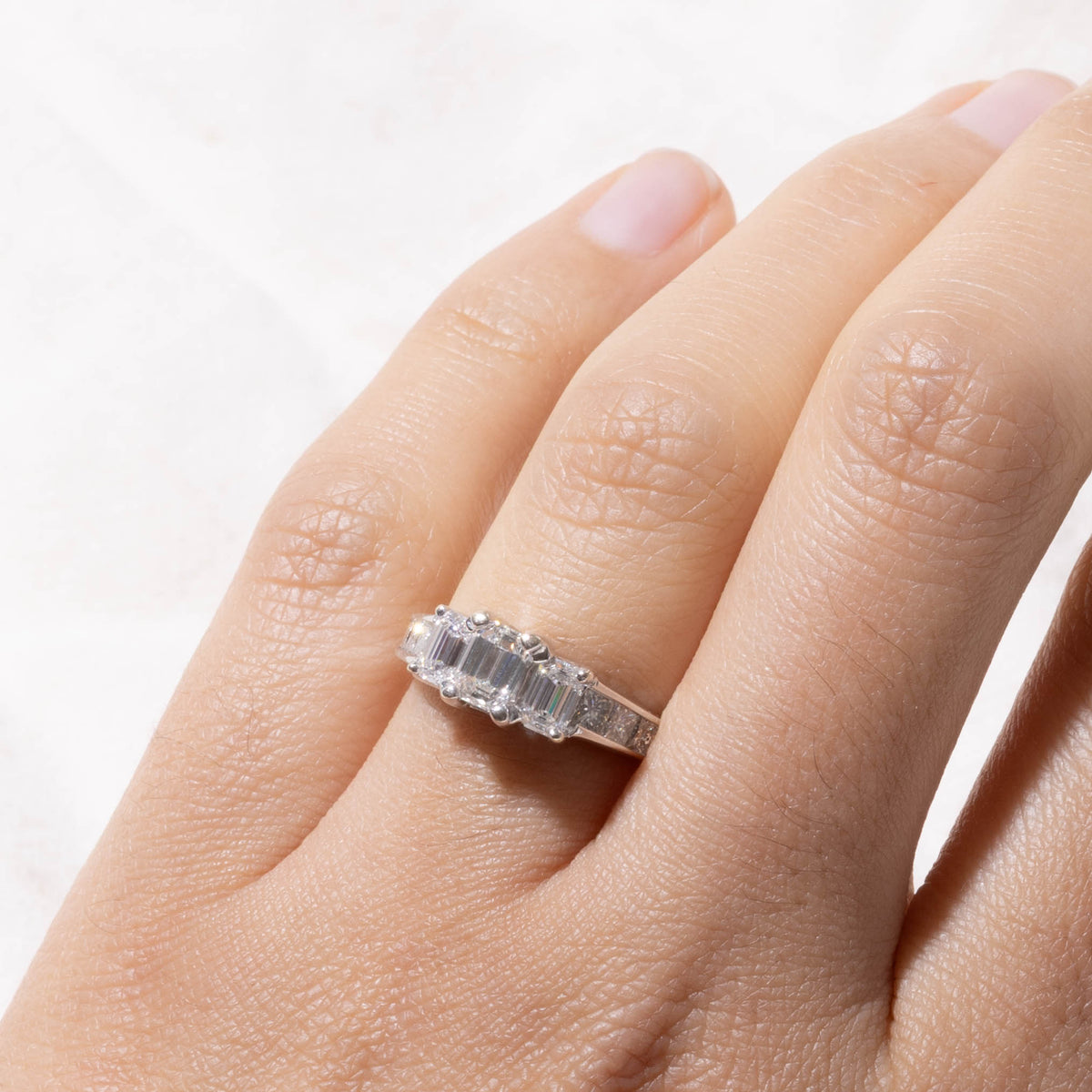 14k Emerald Cut Three Stone Diamond Accented Ring | 0.42ct VS1 G/H, 1.18ctw | SZ 5.5