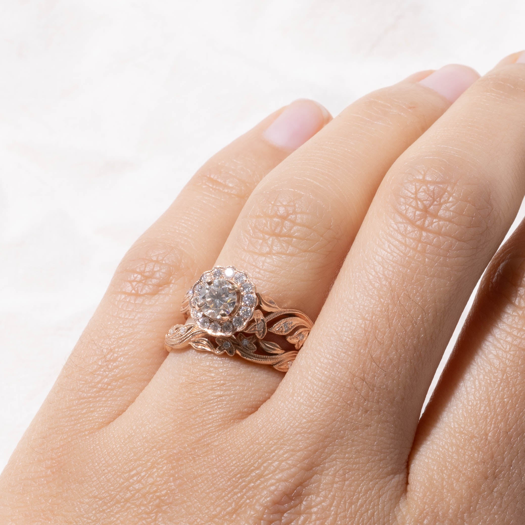 14k Canadian Diamond Halo Floral Wedding Ring Set | 0.53ct VS1 H, 0.24ctw | SZ 6.75