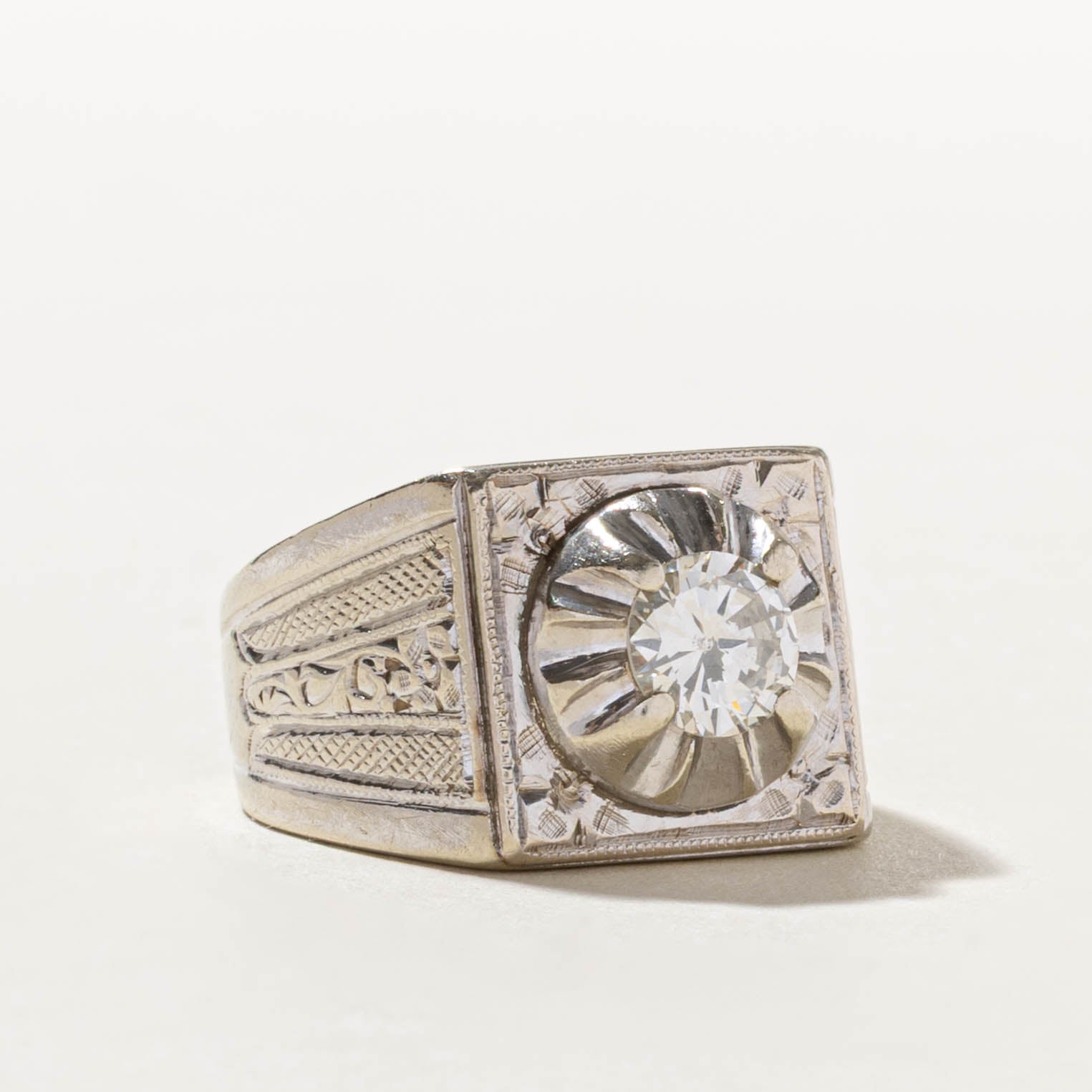 10k Illusion Set Diamond Floral Engraved Signet Ring | 0.82ct SI2 H/I | SZ 6.75