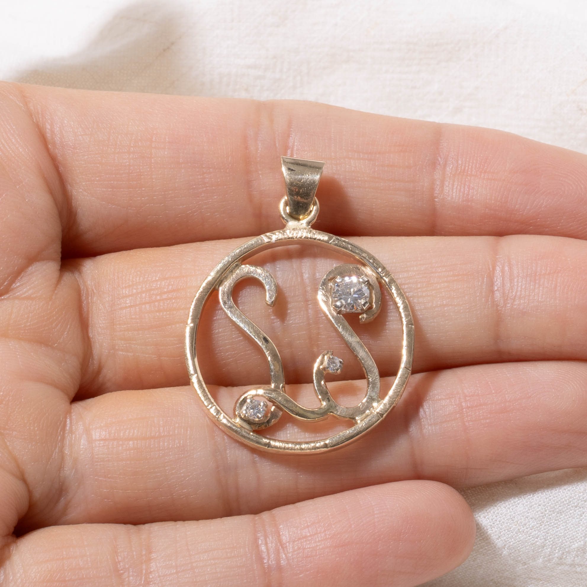 14k Diamond "LS" Initial Circle Pendant | 0.35ctw