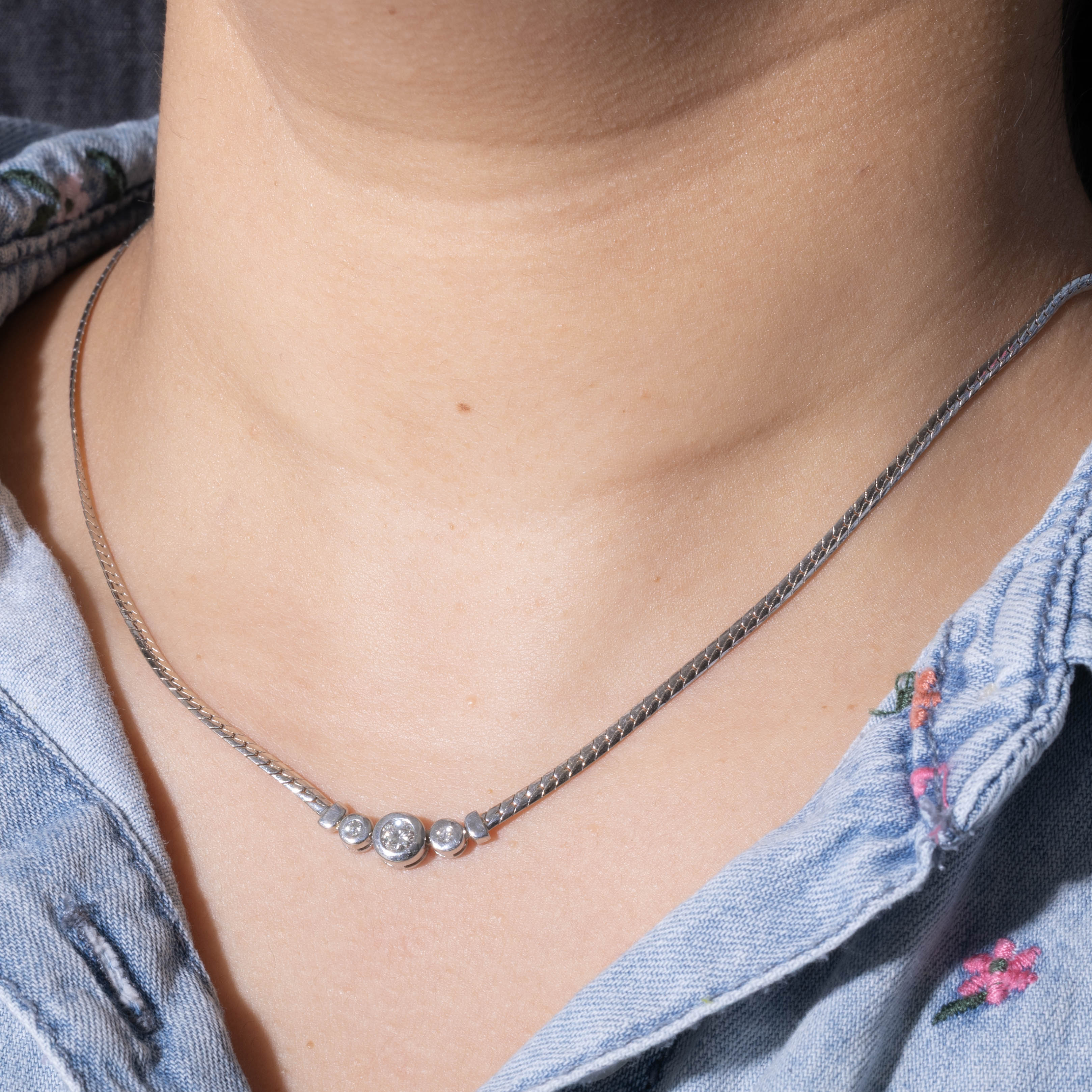 14k Bezel Set Three Stone Diamond Necklace | 0.35ctw | 15.5"
