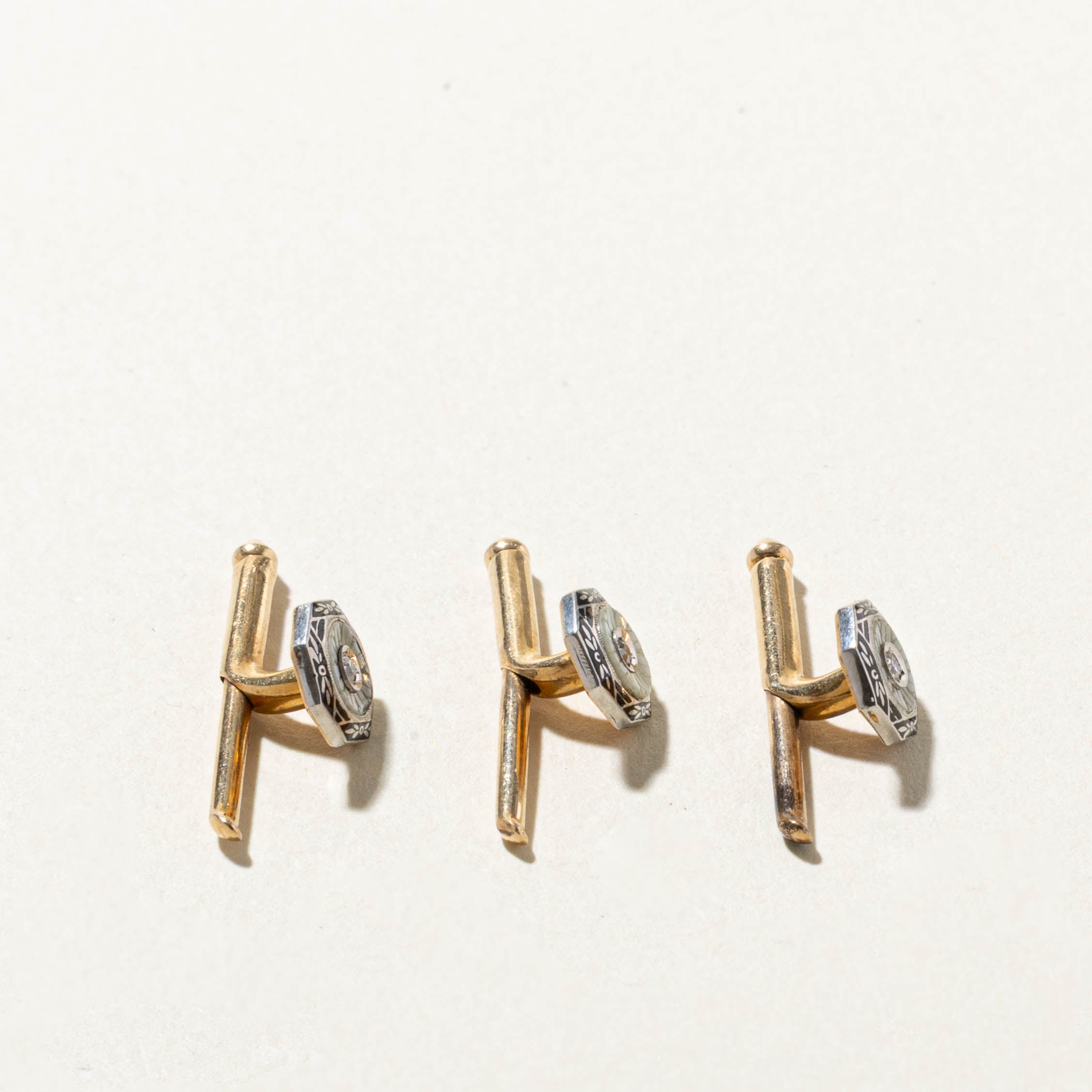 Art Deco 14k Mother of Pearl, Enamel & Diamond Shirt Studs