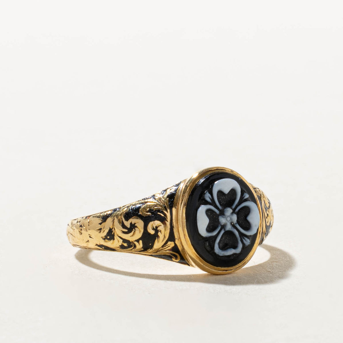 1839 London Onyx Flower Mourning Ring | 1.2ct | SZ 8.75