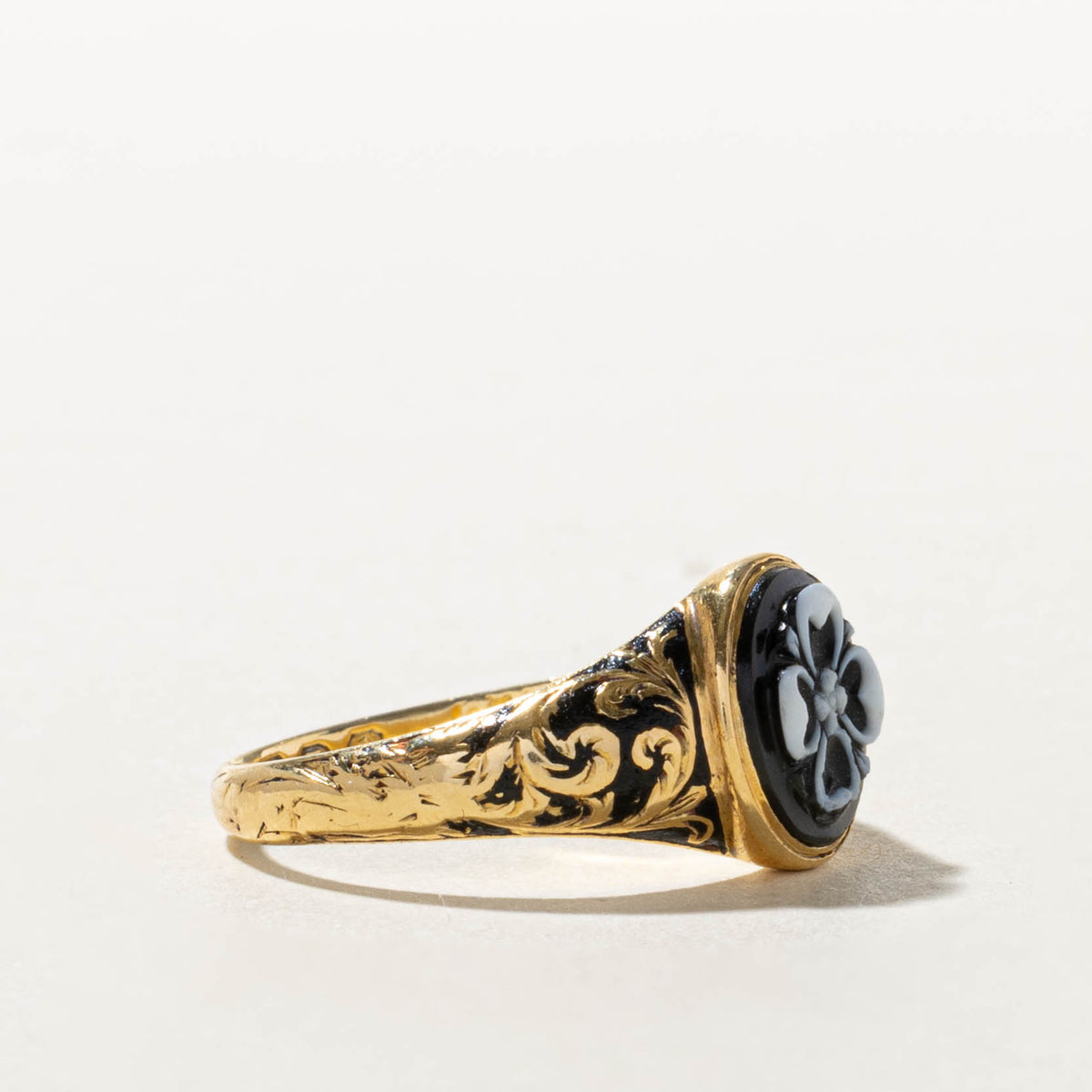 1839 London Onyx Flower Mourning Ring | 1.2ct | SZ 8.75