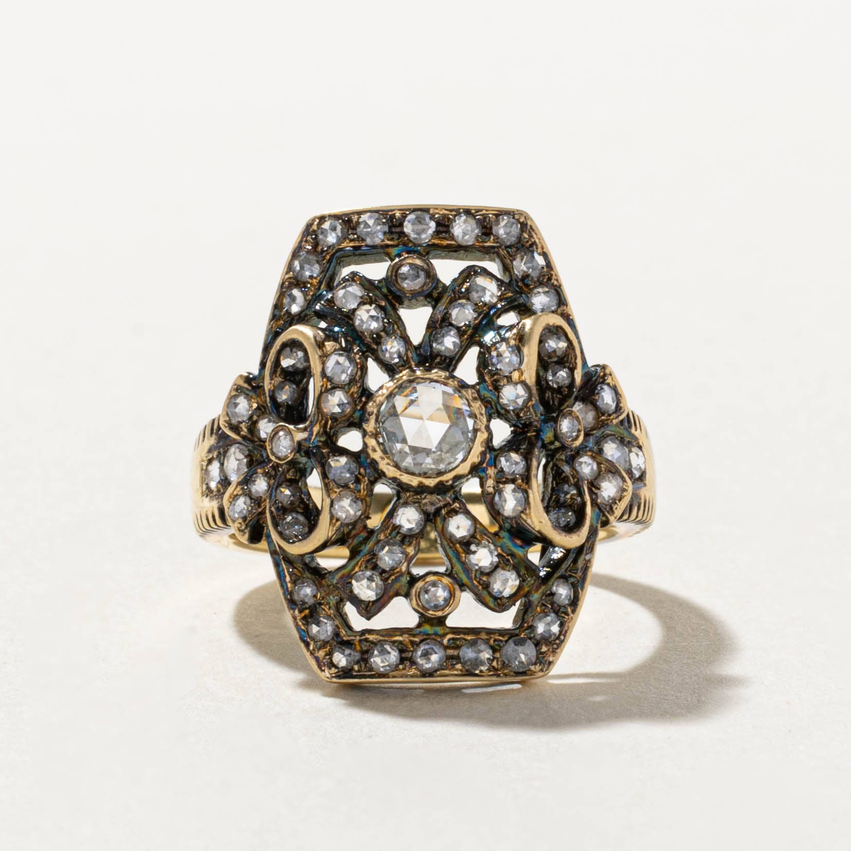Antique 18k Rose Cut Diamond Navette Plaque Ring | 0.36ct, 0.32ctw | SZ 5