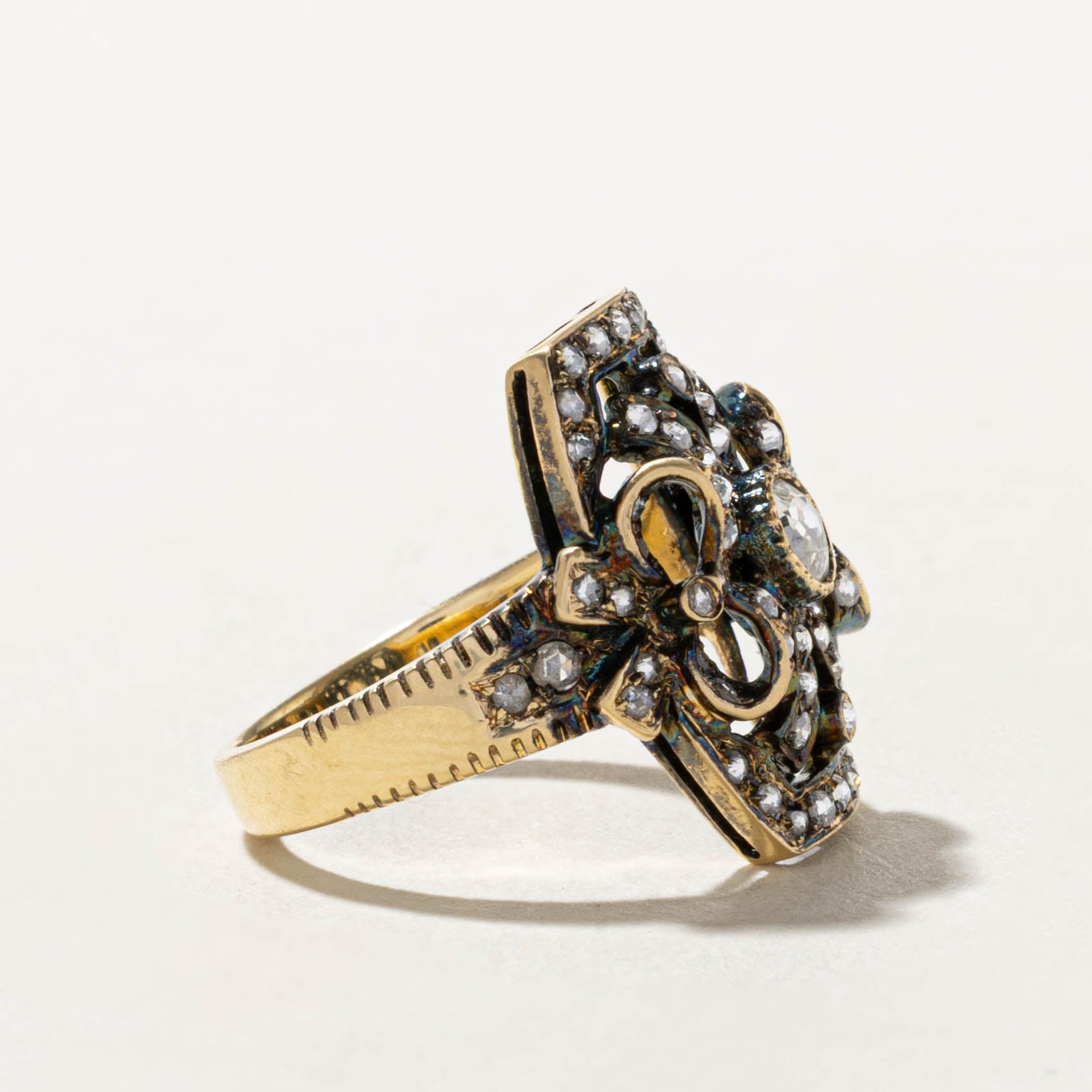 Antique 18k Rose Cut Diamond Navette Plaque Ring | 0.36ct, 0.32ctw | SZ 5