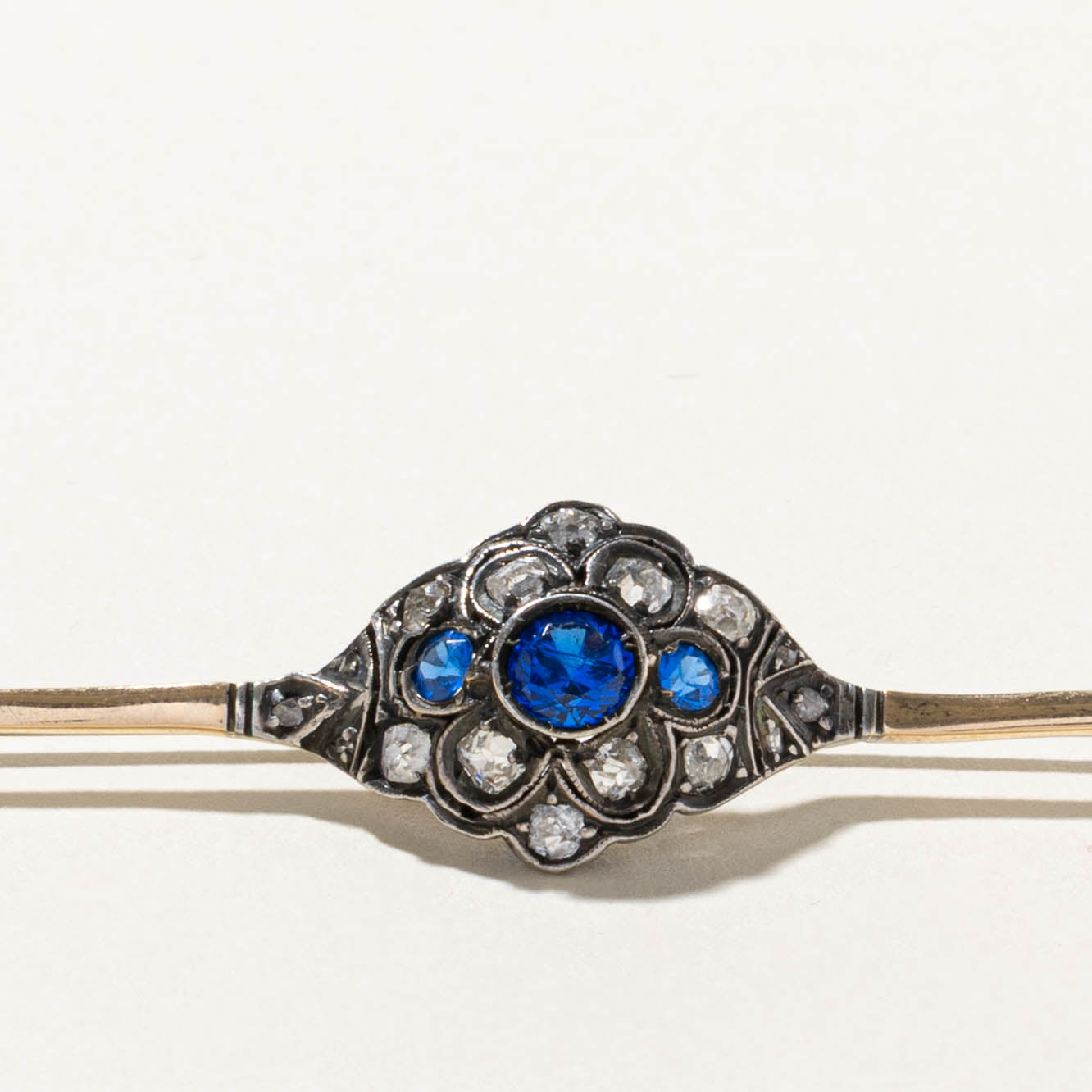 Late Victorian Silver Topped 14k Old Mine & Rose Cut Diamond Blue Paste Bar Brooch