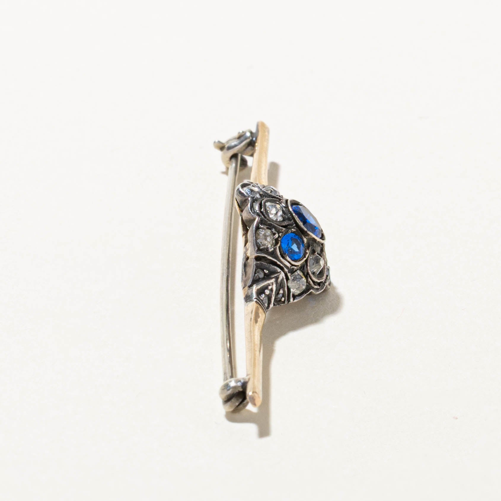 Late Victorian Silver Topped 14k Old Mine & Rose Cut Diamond Blue Paste Bar Brooch