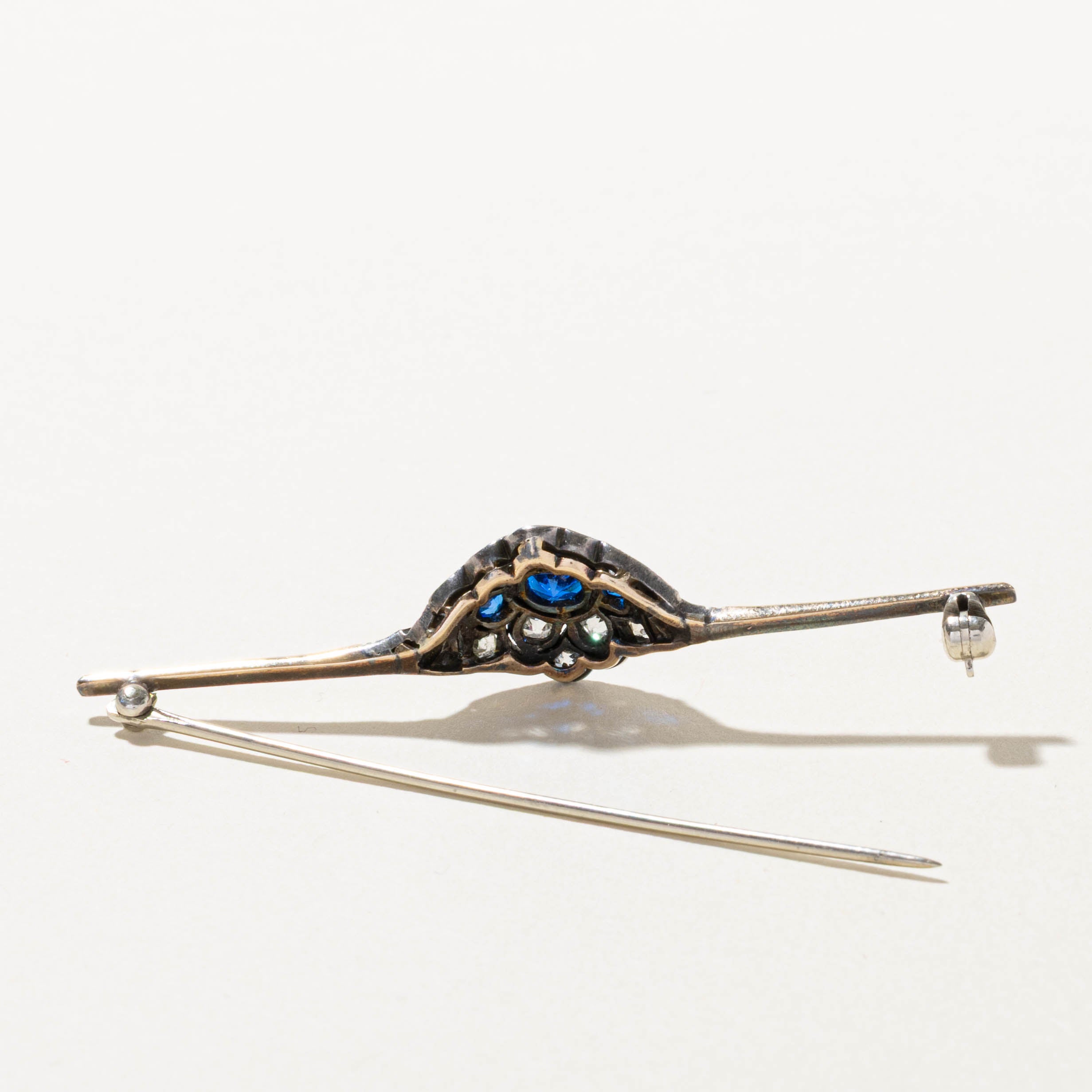 Late Victorian Silver Topped 14k Old Mine & Rose Cut Diamond Blue Paste Bar Brooch