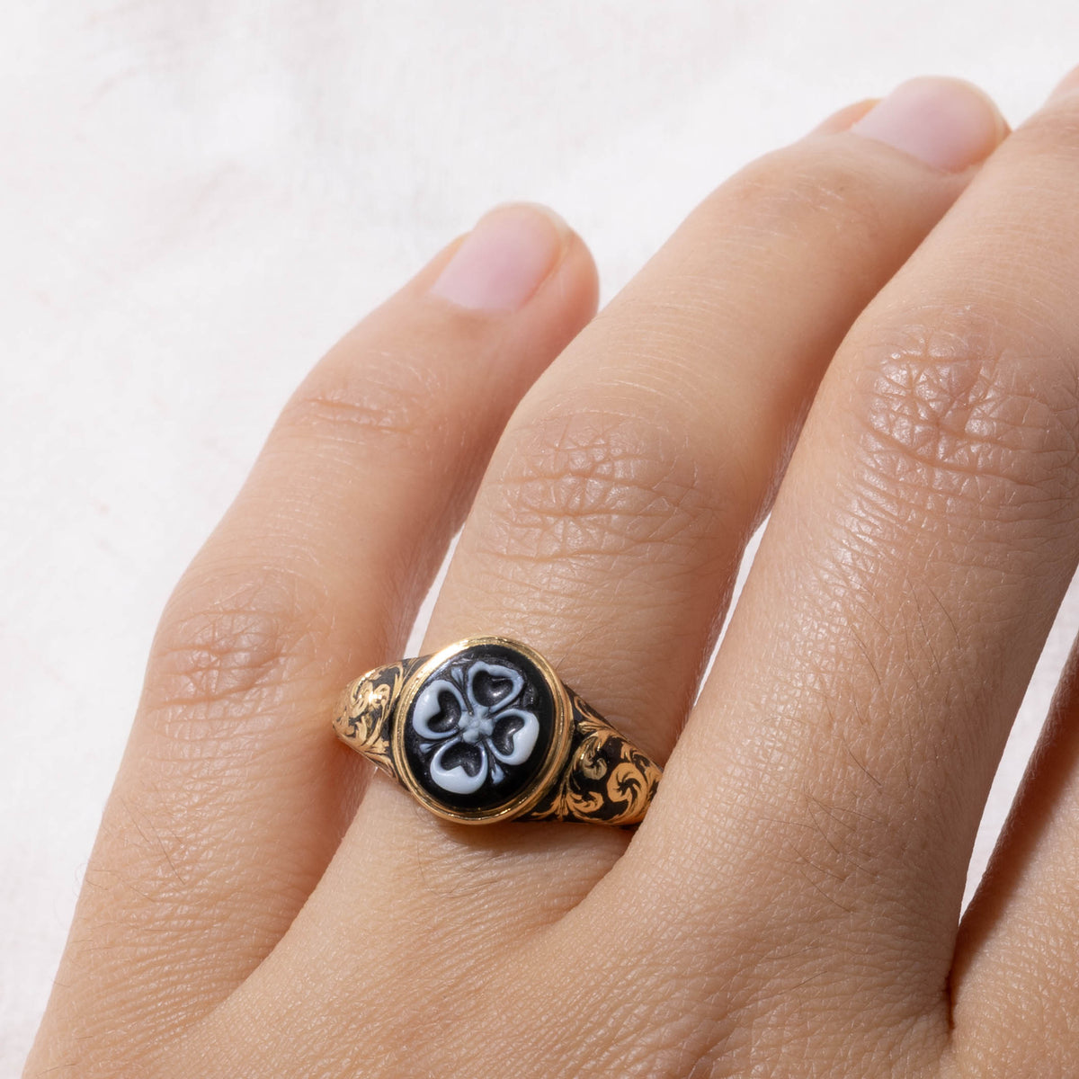 1839 London Onyx Flower Mourning Ring | 1.2ct | SZ 8.75