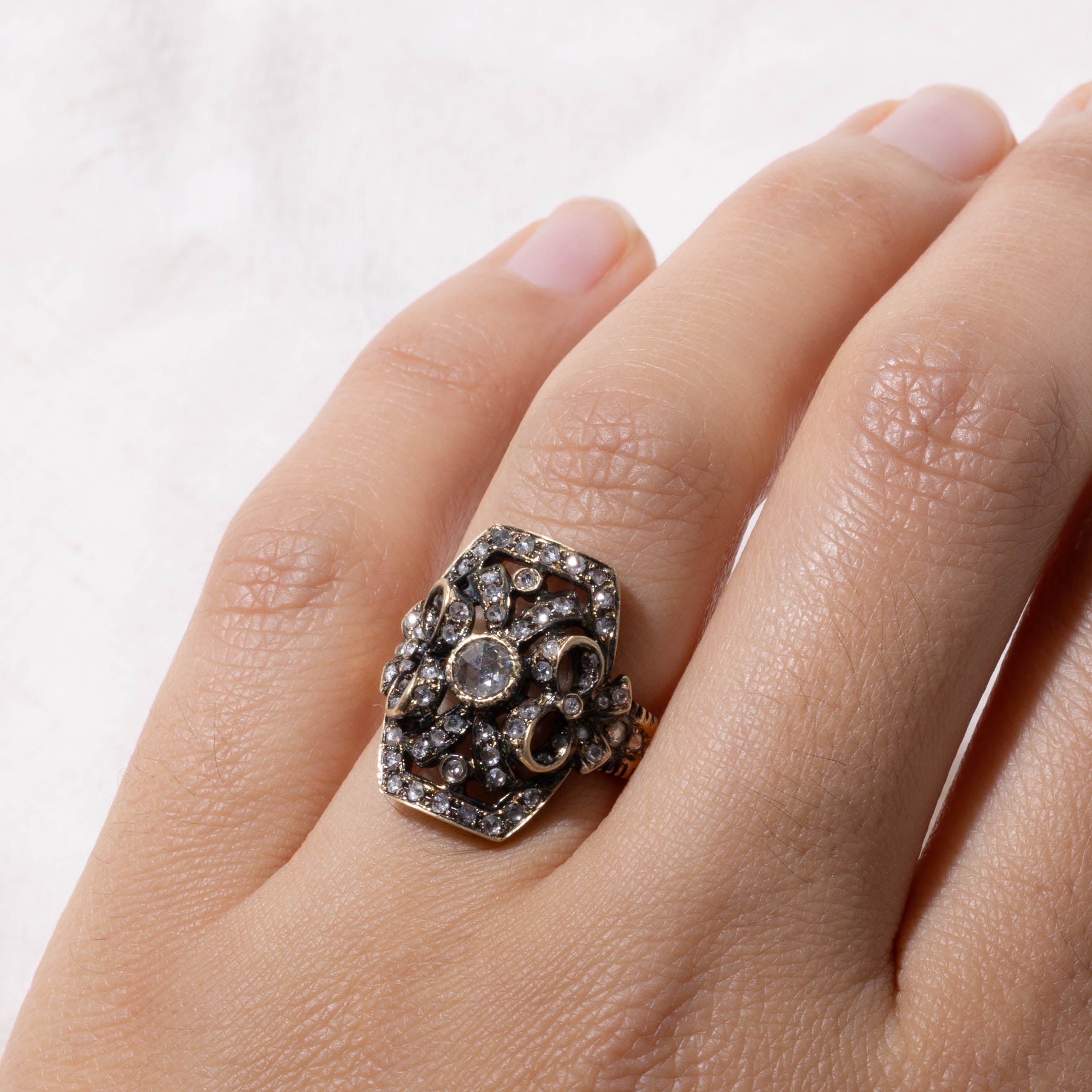 Antique 18k Rose Cut Diamond Navette Plaque Ring | 0.36ct, 0.32ctw | SZ 5