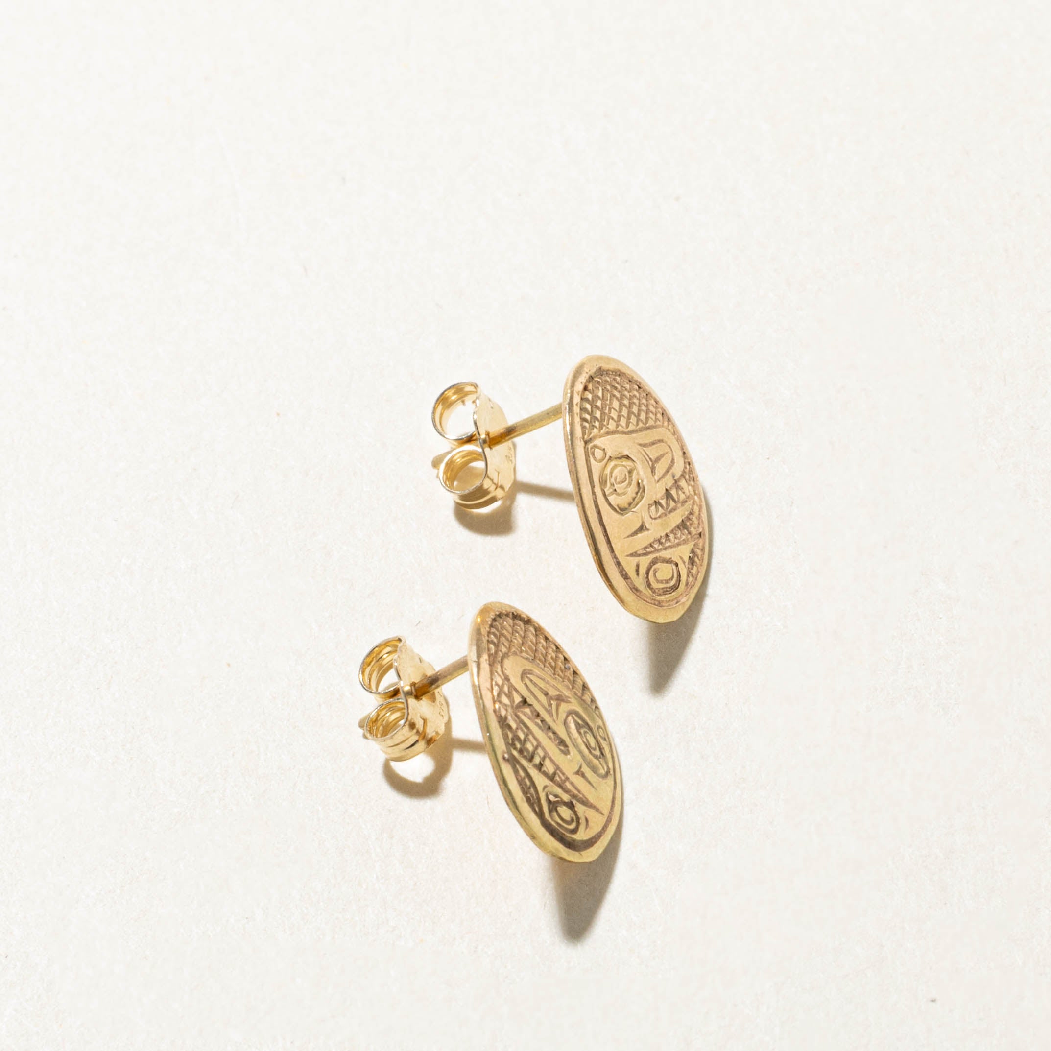 'B.K' 14k Yellow Gold Indigenous Carved Orca Stud Earrings