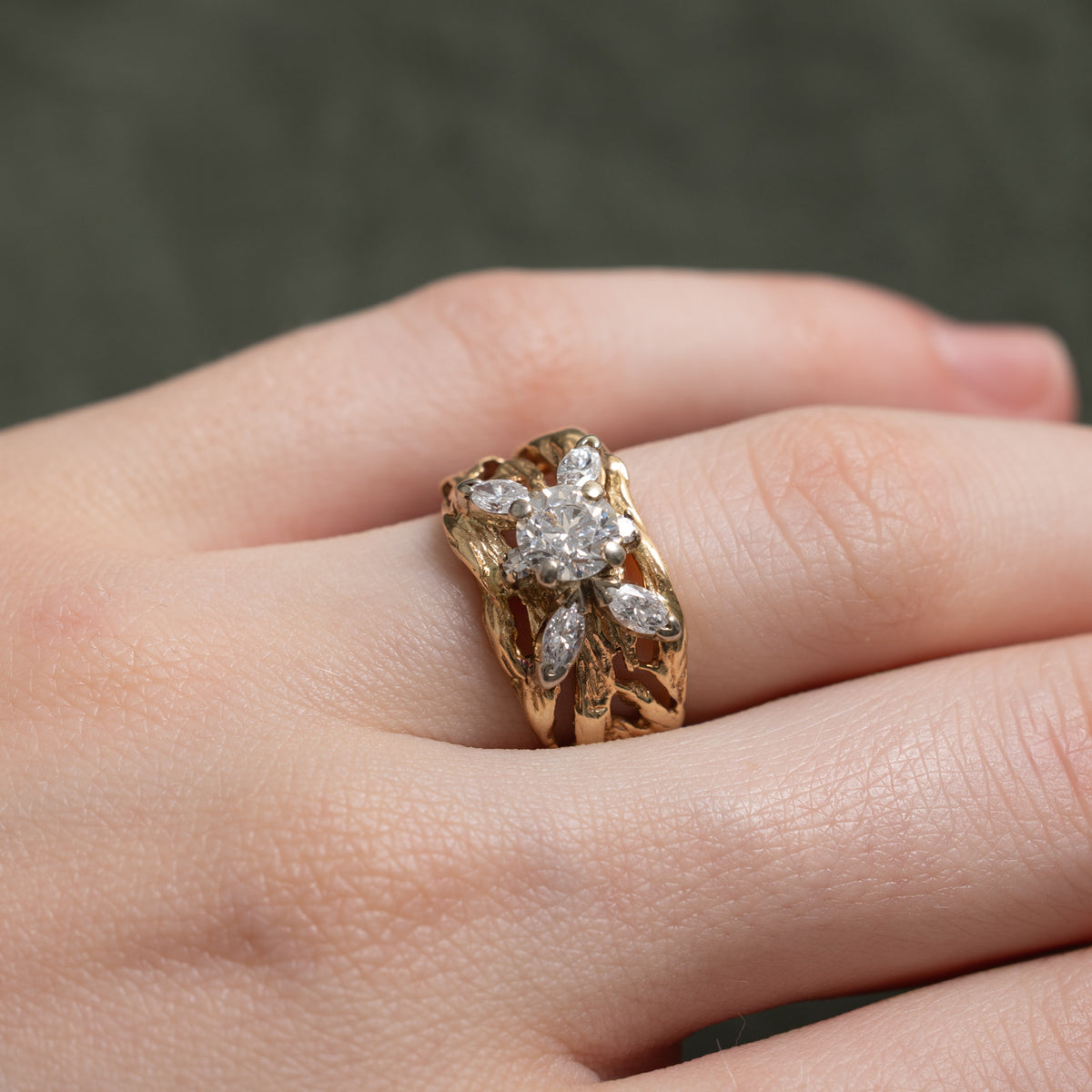 14k Diamond Floral Cluster Textured Openwork Organic Ring | 0.65ct SI1 H, 0.34ctw | SZ 4.5