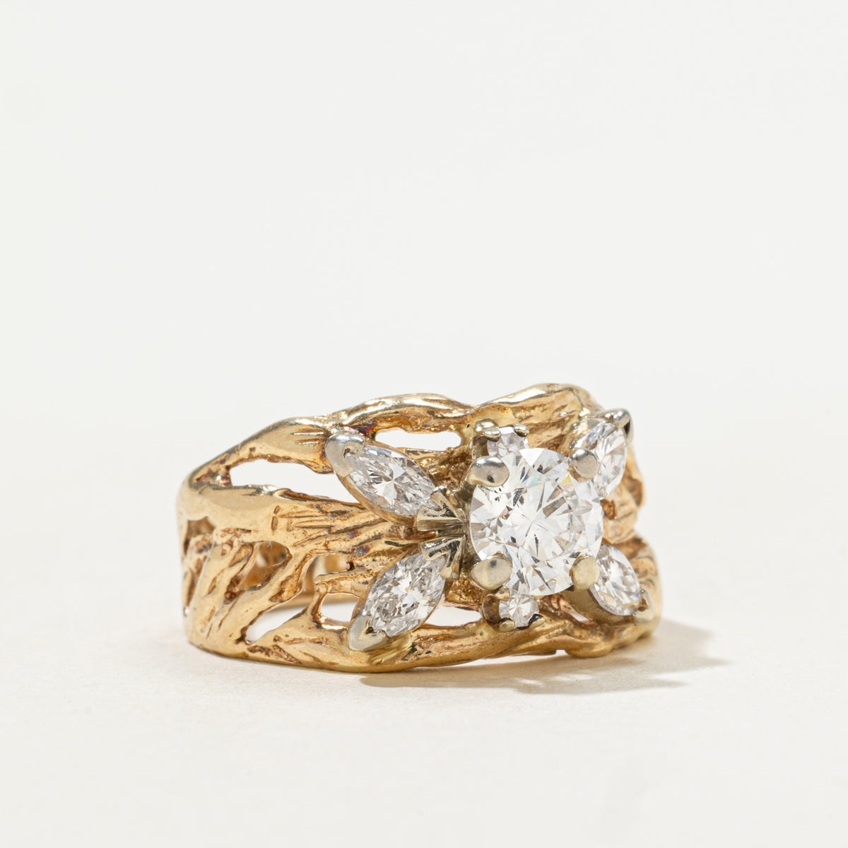 14k Diamond Floral Cluster Textured Openwork Organic Ring | 0.65ct SI1 H, 0.34ctw | SZ 4.5
