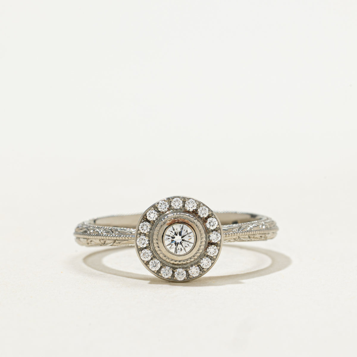 14k Bezel Set Diamond Halo Engraved Ring | 0.13ctw | SZ 6