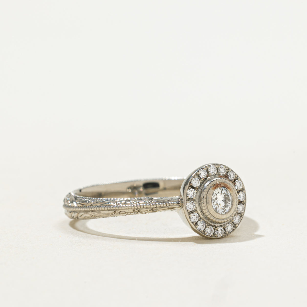 14k Bezel Set Diamond Halo Engraved Ring | 0.13ctw | SZ 6
