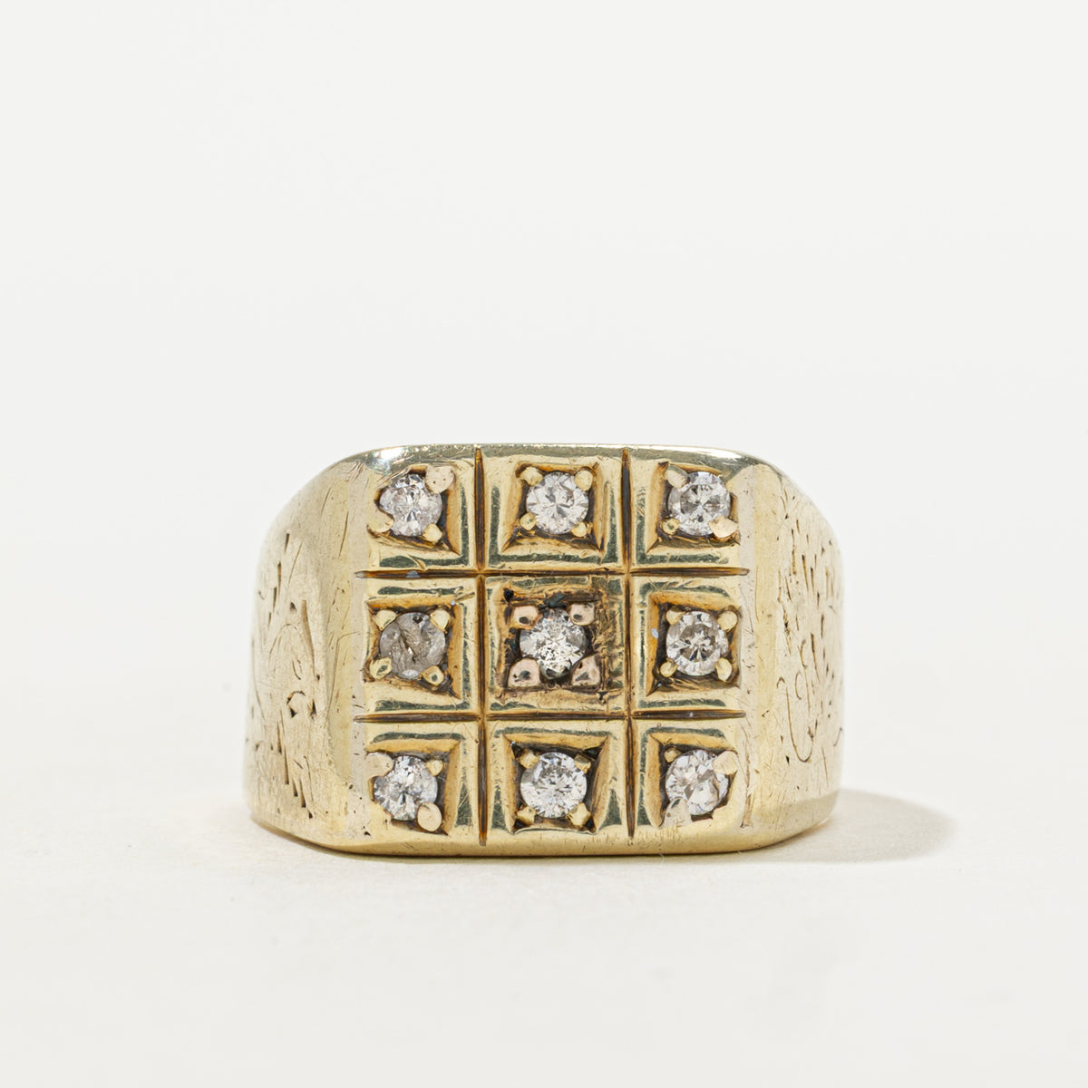 13k Diamond Grid Engraved Signet Ring | 0.18ctw | SZ 6.5