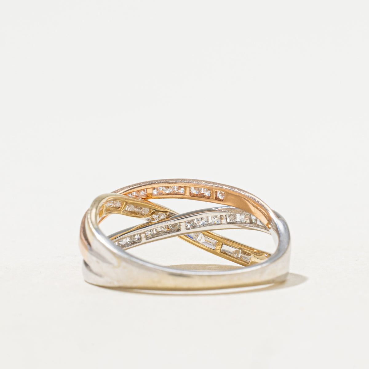 14k Tri Tone Multi Row Diamond Cross Over Ring | 0.37ctw | SZ 7