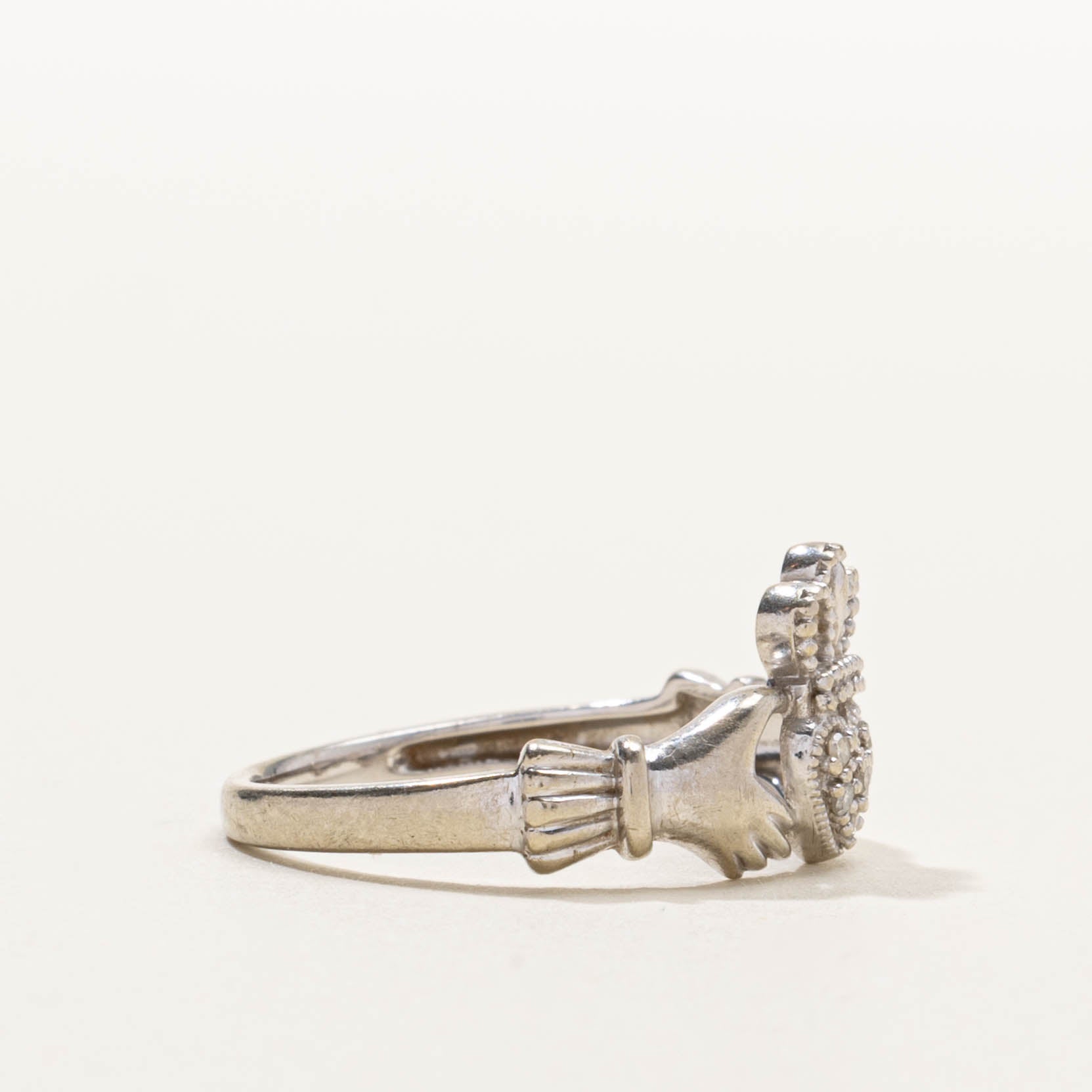 10k White Gold Claddagh Diamond Ring | SZ 7