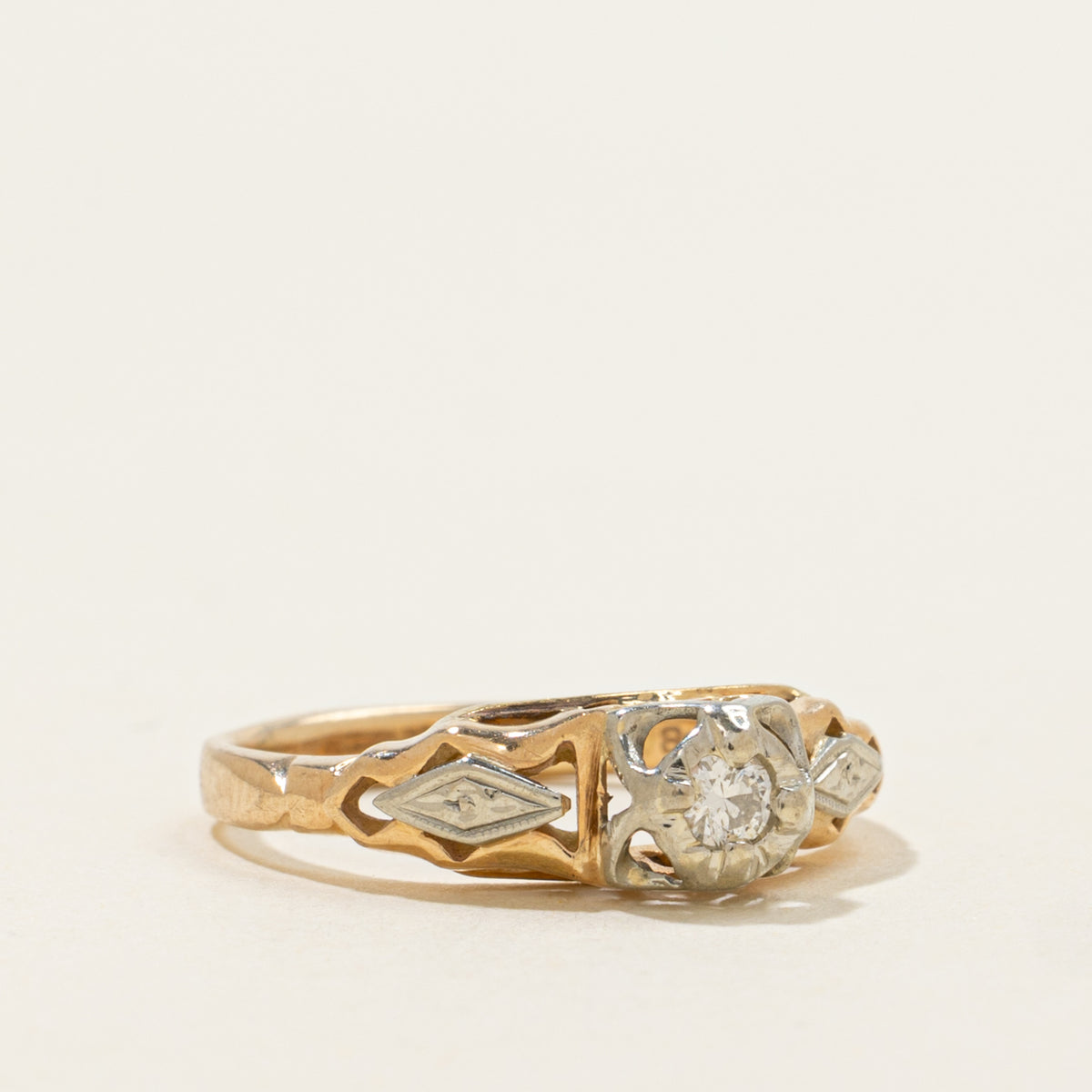 14k Two Tone Solitaire Diamond Openwork Geometric Ring | SZ 2.75