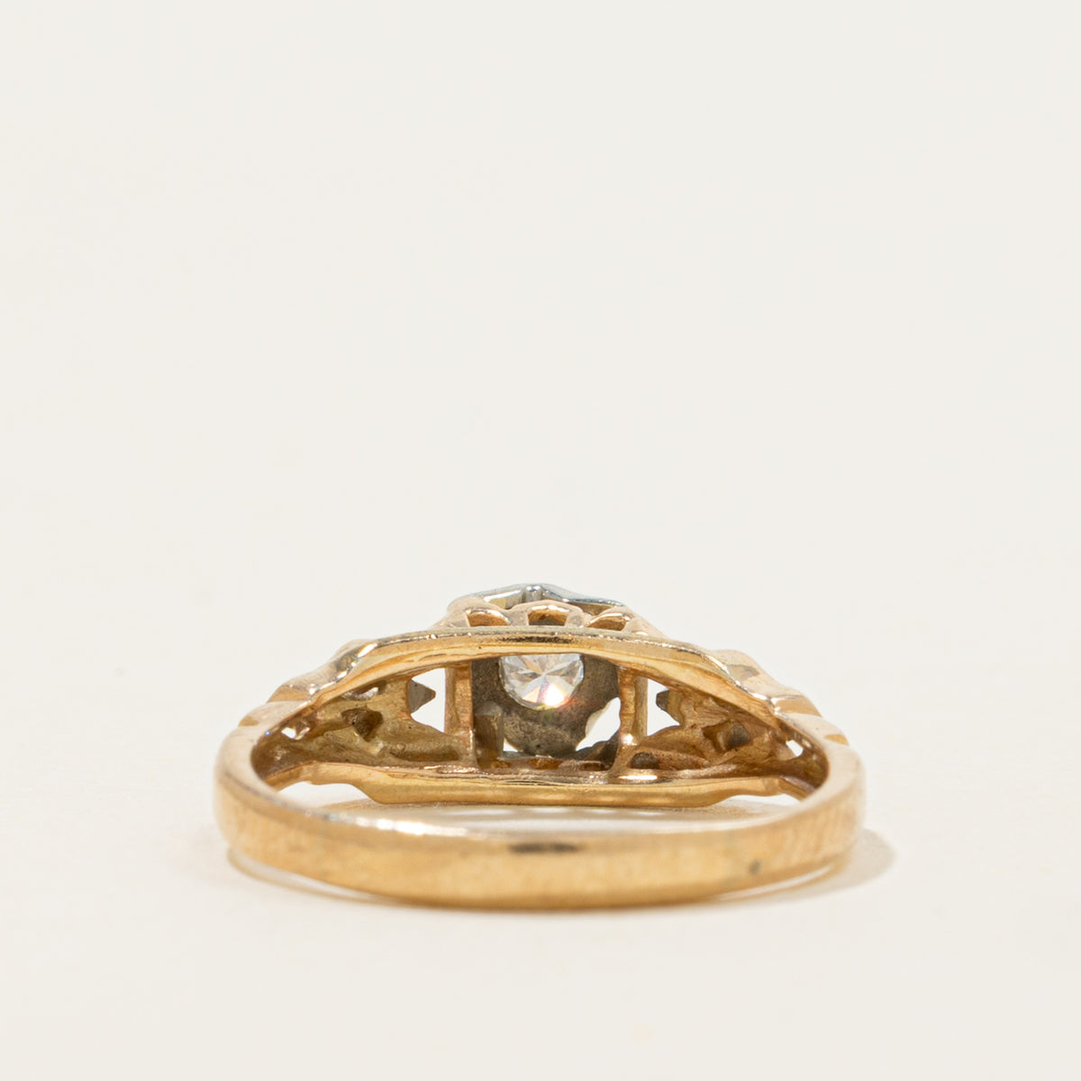 14k Two Tone Solitaire Diamond Openwork Geometric Ring | SZ 2.75