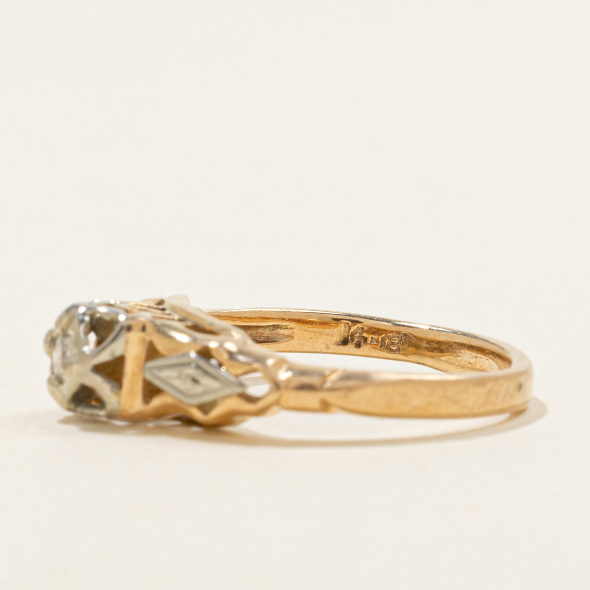 14k Two Tone Solitaire Diamond Openwork Geometric Ring | SZ 2.75