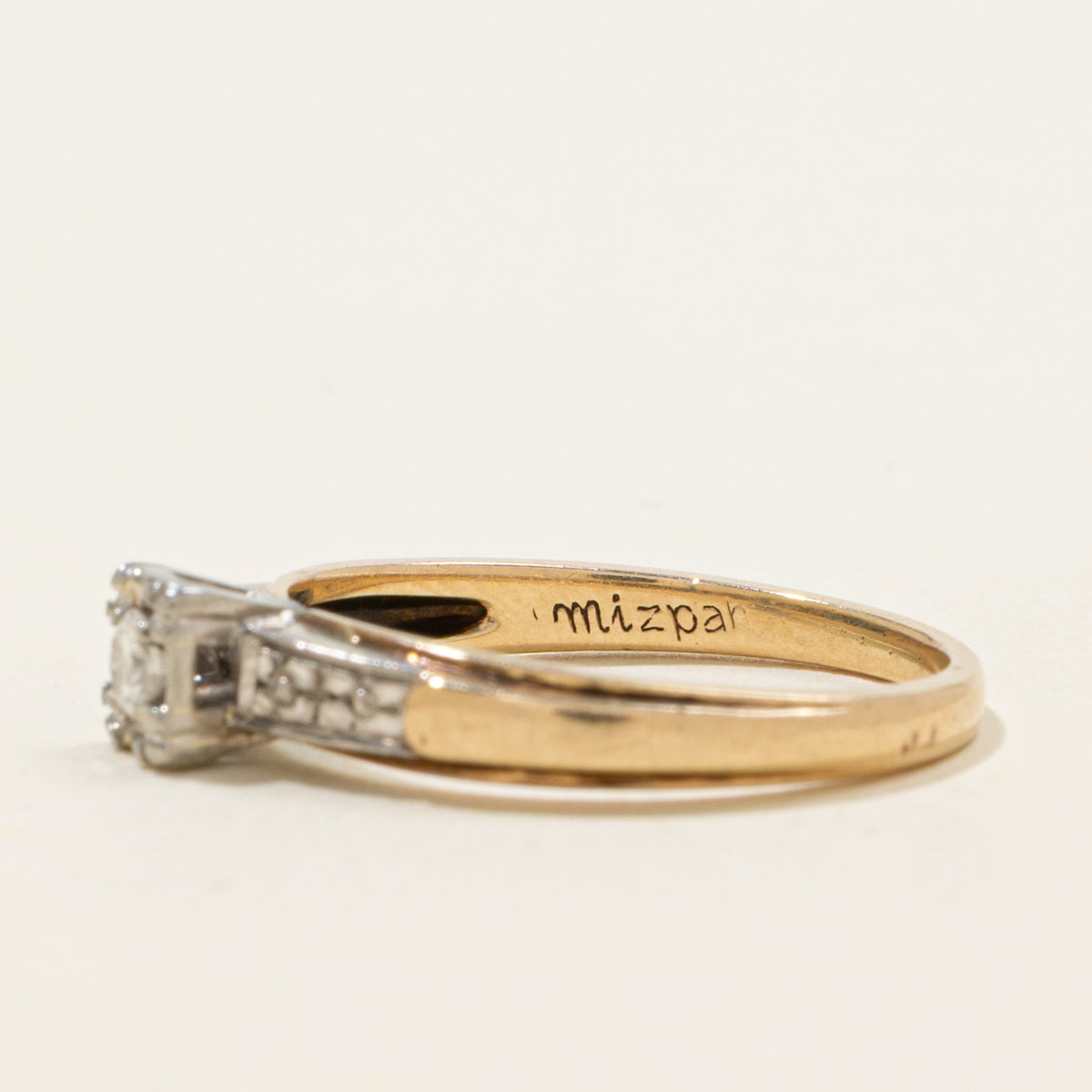 14k Two Tone Solitaire Diamond Textured Ring | SZ 5.75