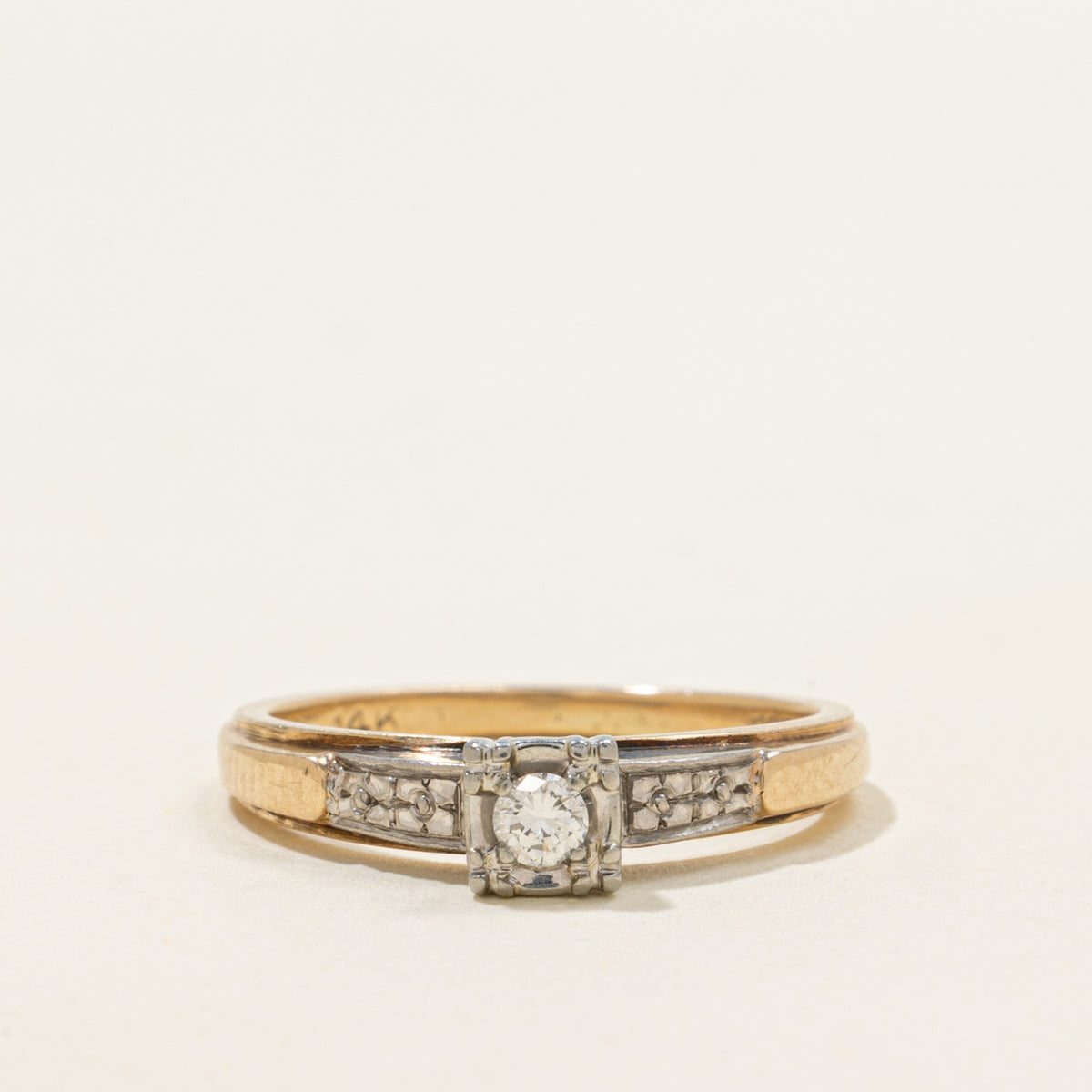 14k Two Tone Solitaire Diamond Textured Ring | SZ 5.75