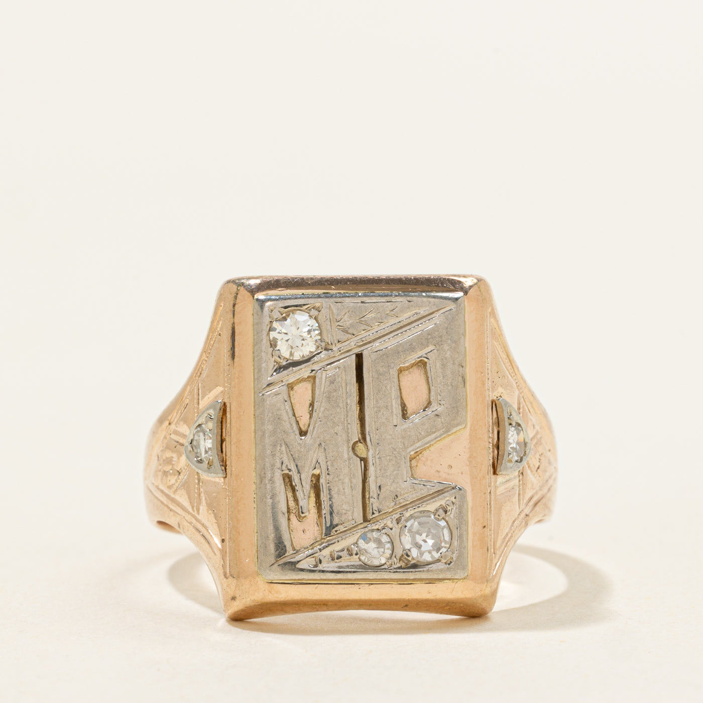 14k Two Tone Diamond "MP" Initial Signet Ring | SZ 10.25