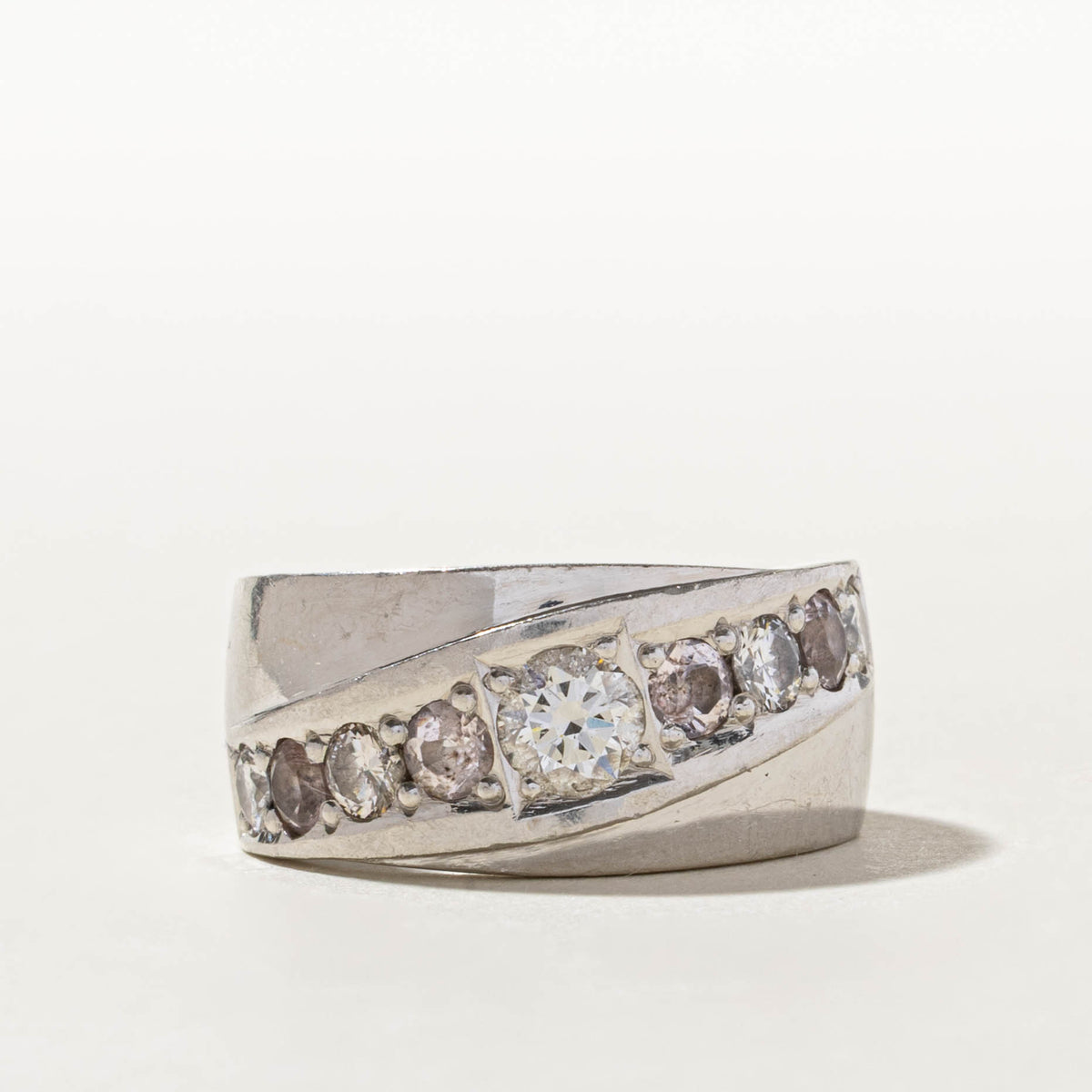 950 Platinum Diagonal Diamond & Morganite Grooved Band | 1.21ctw | 11.09mm | SZ 9.75