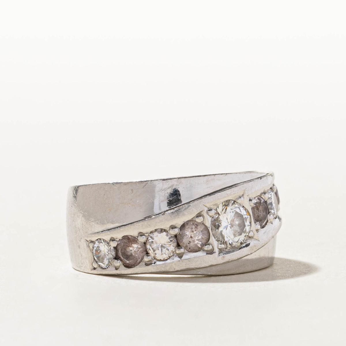 950 Platinum Diagonal Diamond & Morganite Grooved Band | 1.21ctw | 11.09mm | SZ 9.75