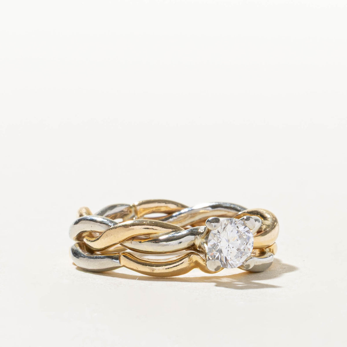 14k Two Tone Solitaire Diamond Woven Wedding Ring Set | 0.52ct SI2/I1 G | SZ 6