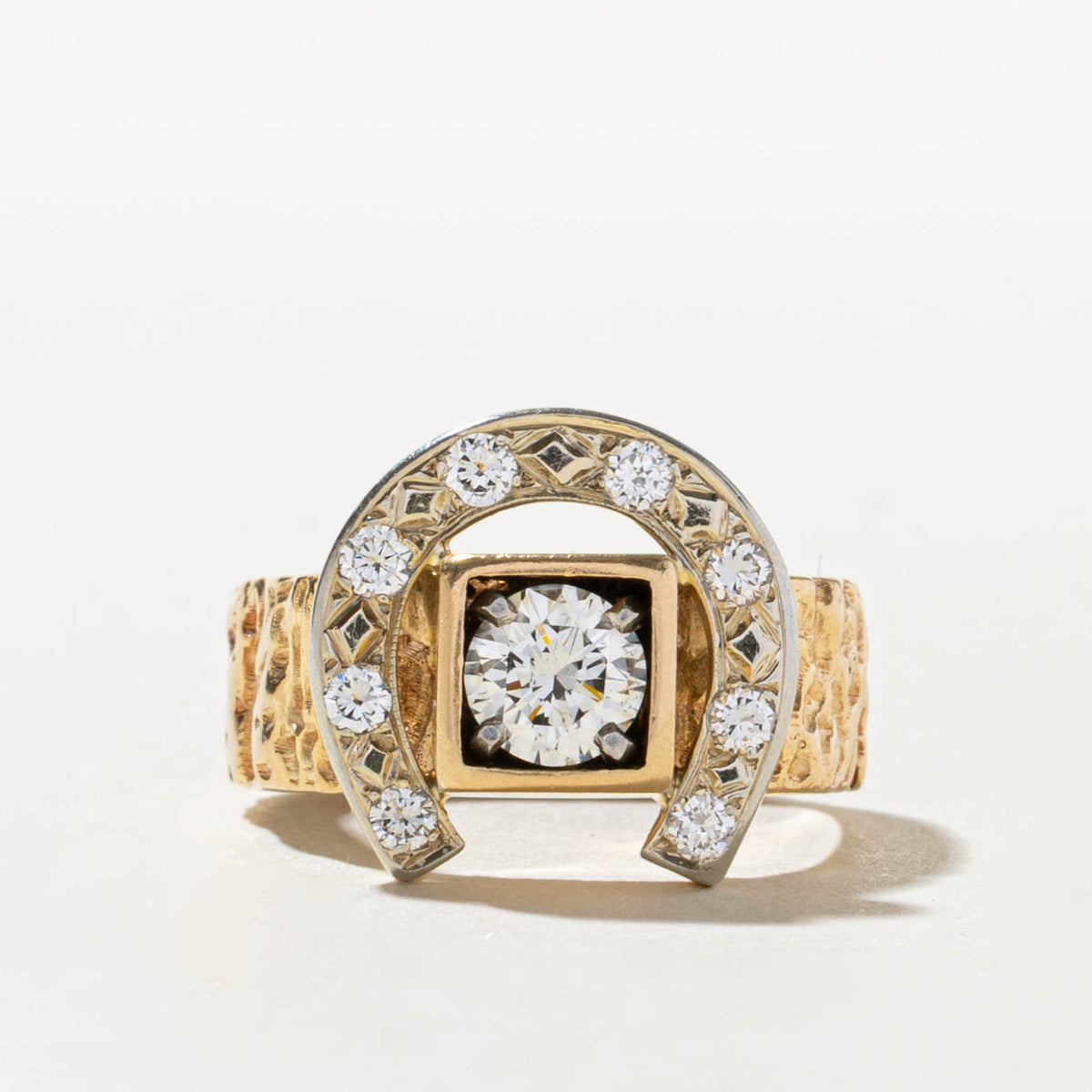 18k Two Tone Diamond Nuggety Horseshoe Ring | 0.56ct SI1 G/H, 0.28ctw | SZ 5.75