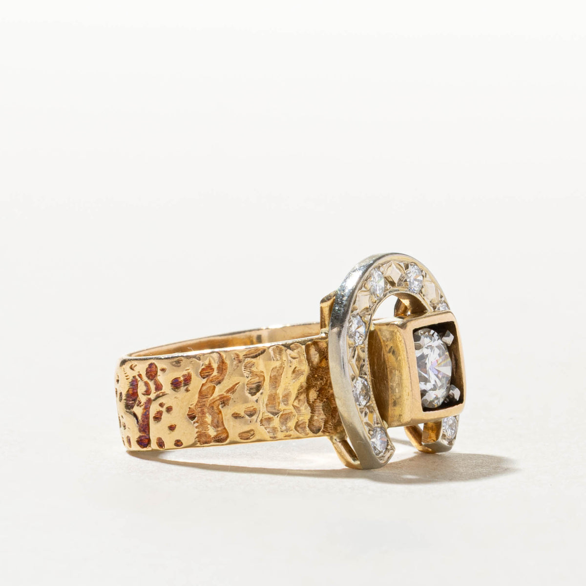 18k Two Tone Diamond Nuggety Horseshoe Ring | 0.56ct SI1 G/H, 0.28ctw | SZ 5.75
