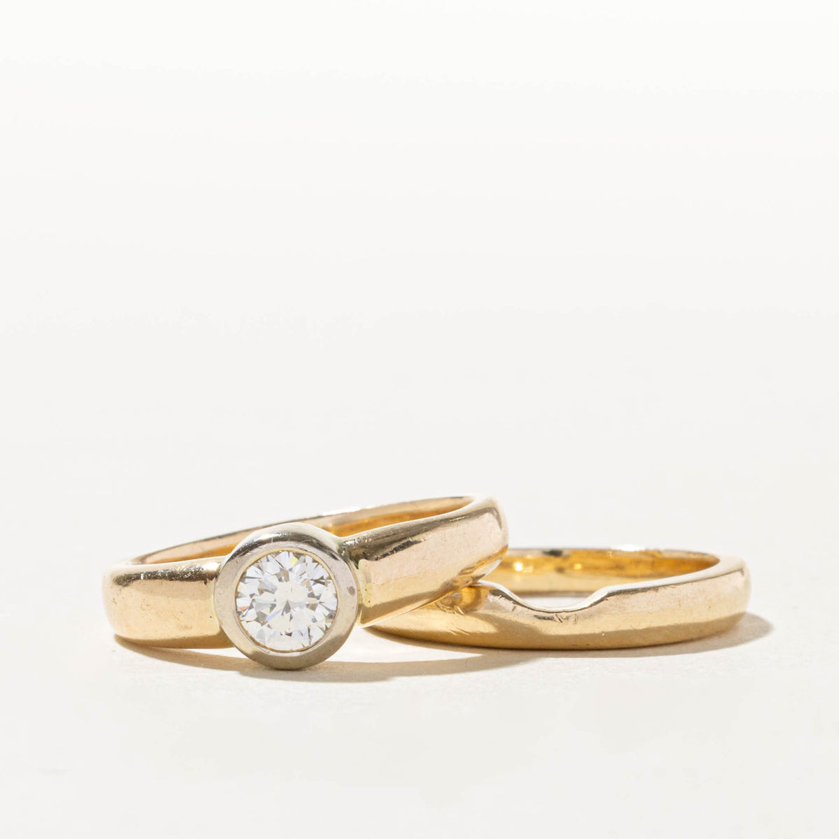 14k Bezel Set Solitaire Diamond Wedding Ring Set | 0.49ct VS2 G/H | SZ 6.25