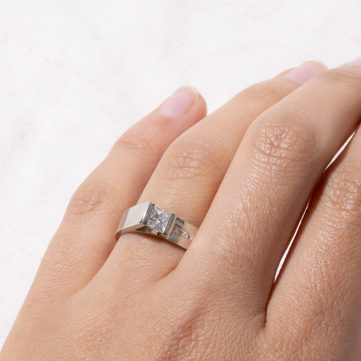 19k Channel Set Princess Cut Diamond Angled Ring | 0.52ct SI1 H, 0.03ctw | SZ 7.25