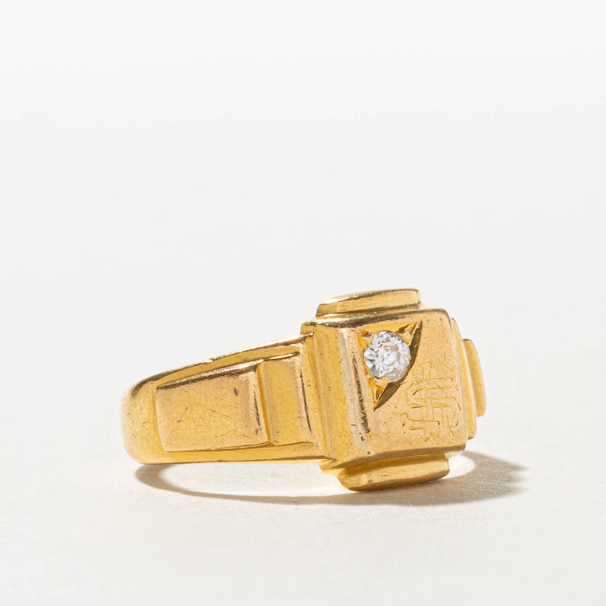 22k Star Set Old European Cut Diamond "SL" Initial Signet Ring | 0.10ct | SZ 7