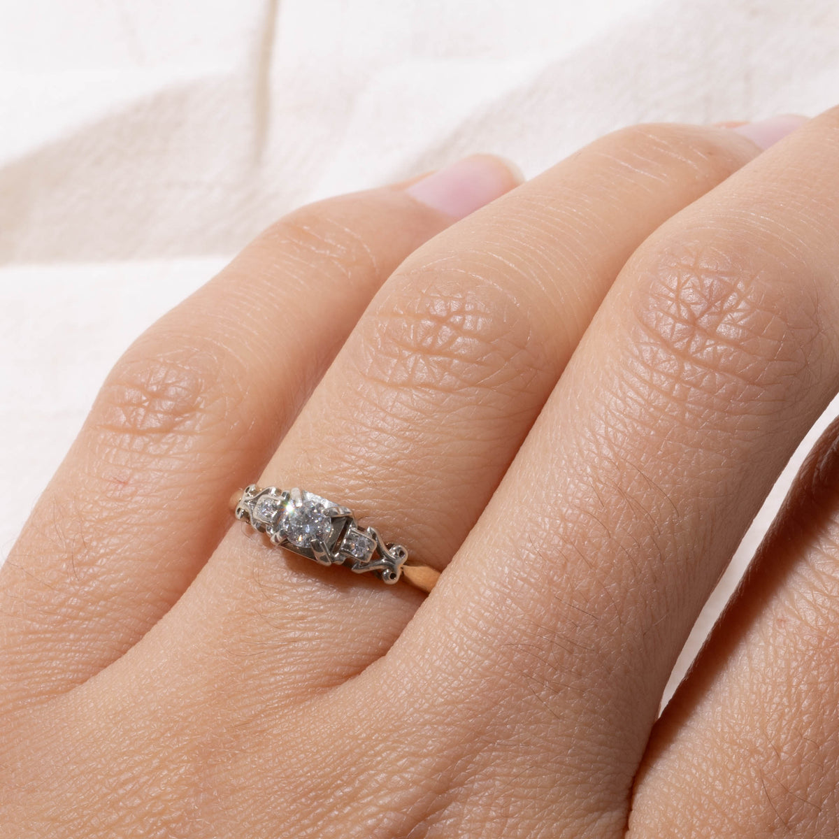 10k Two Tone Diamond Scrollwork & Openwork Ring | 0.18ctw | SZ 5.75