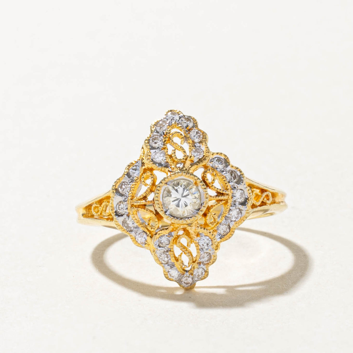 18k Bezel Set Diamond Scrollwork Floral Navette Ring | 0.28ctw | SZ 6