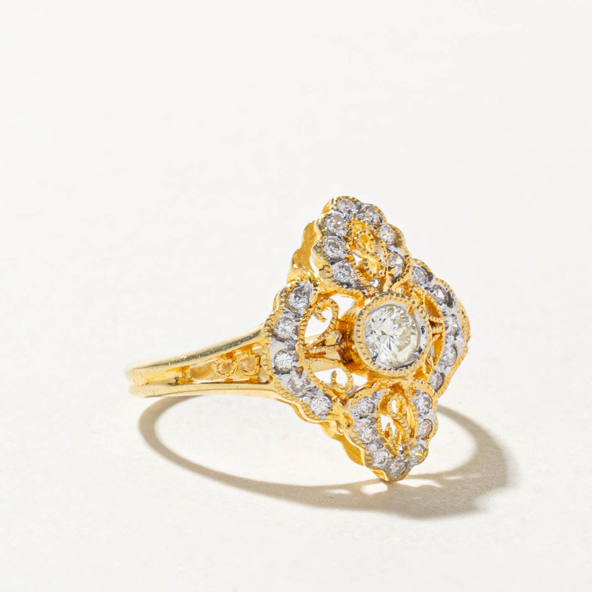 18k Bezel Set Diamond Scrollwork Floral Navette Ring | 0.28ctw | SZ 6