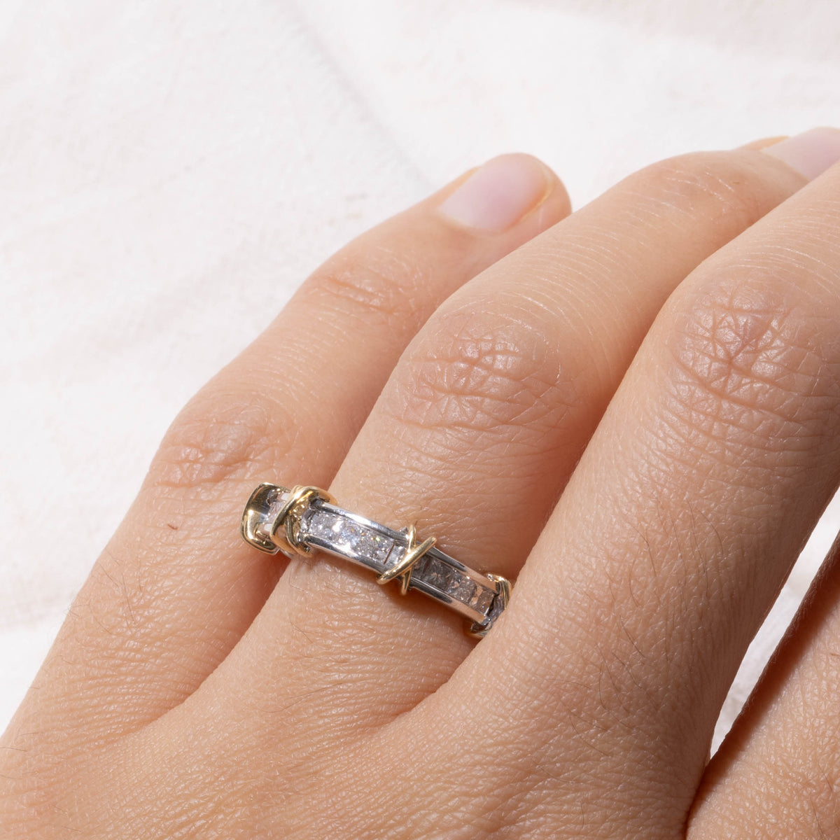 14k Two Tone Channel Set Princess Cut Diamond X Band | 0.40ctw | 5.15mm | SZ 8.25