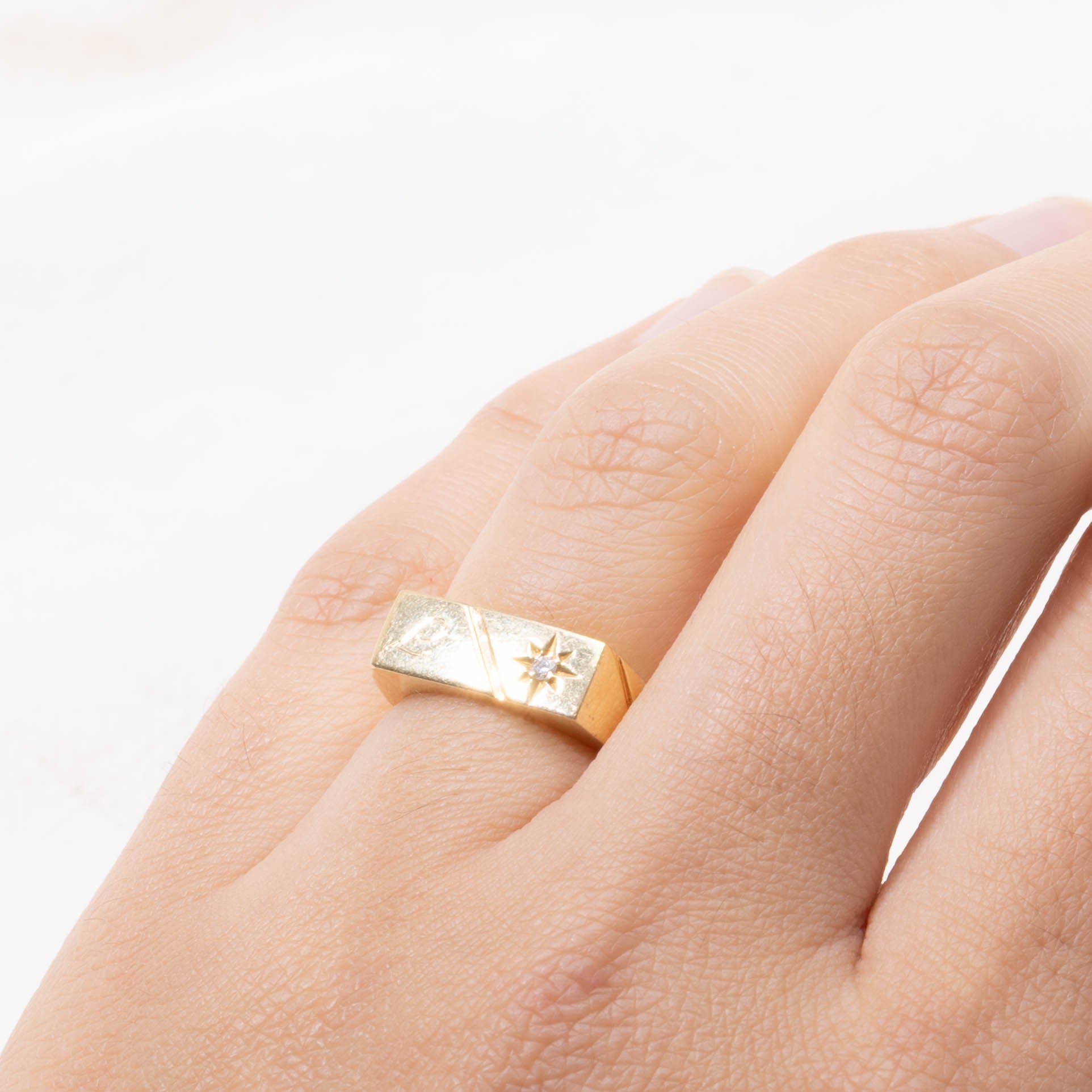 18k Star Set Diamond "J" Initial Signet Ring | SZ 5
