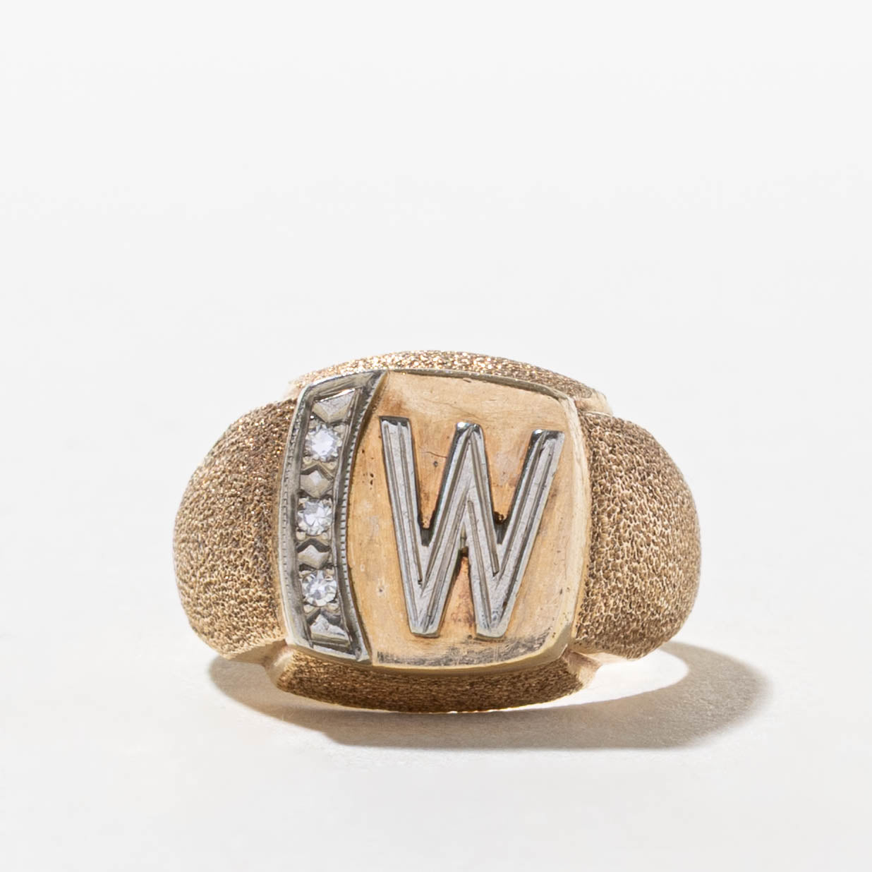 10k Diamond "W" Initial Textured Signet Ring | SZ 6.25